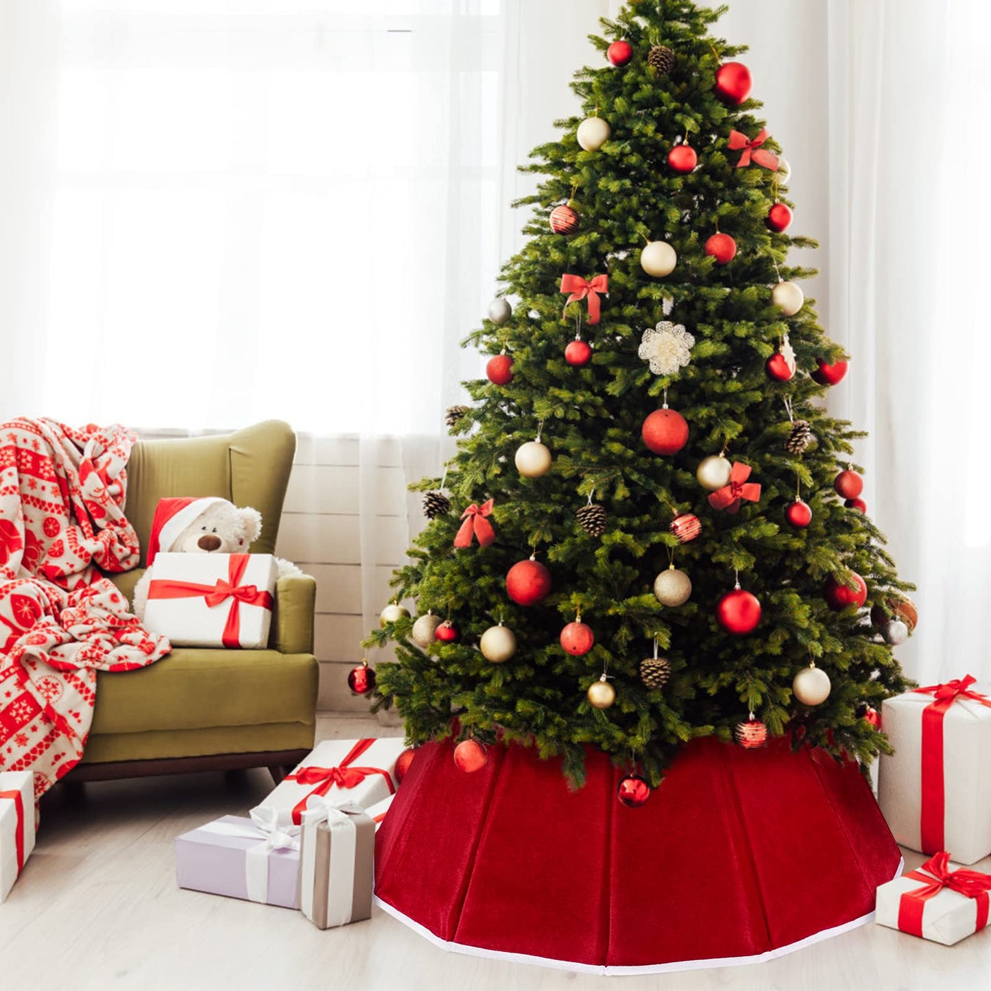 Christmas Tree Collar Red Velvet Folable Christmas Tree Ring Tree Skirt for Artificial Trees Base Stand Cover Christmas Tree Decoration - Medaid International