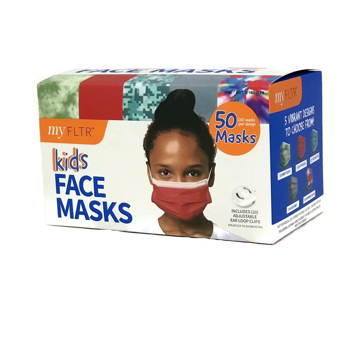 MY FLTR Kids Designed Face Masks Right Sized for Kids Adjustable Ear Loops 95% Filtration Including 20 Adjustable Ear Loops (10 Masks Per Designed) 50 Masks - Medaid International