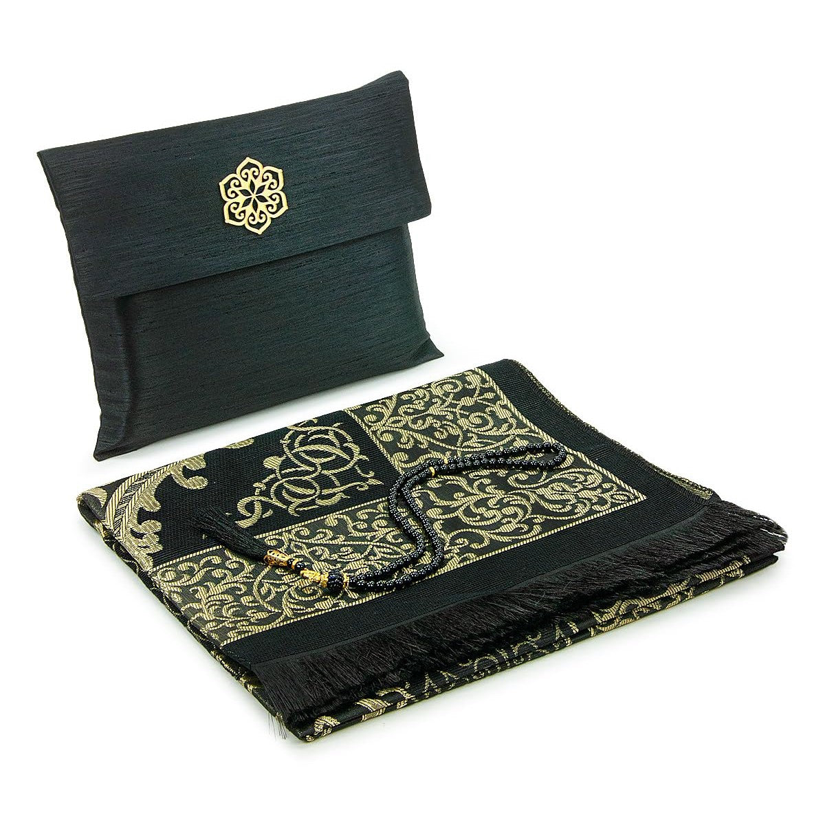 ihvan Online Muslim Prayer Rug and Beads with Portable Elegant Fabric Bag, Janamaz, Sajadah, Soft Islamic Prayers Rug, Islamic Gifts for Eid Ramadan, Travel Prayer Carpet Mat, Taffeta Fabric, Black - Medaid International
