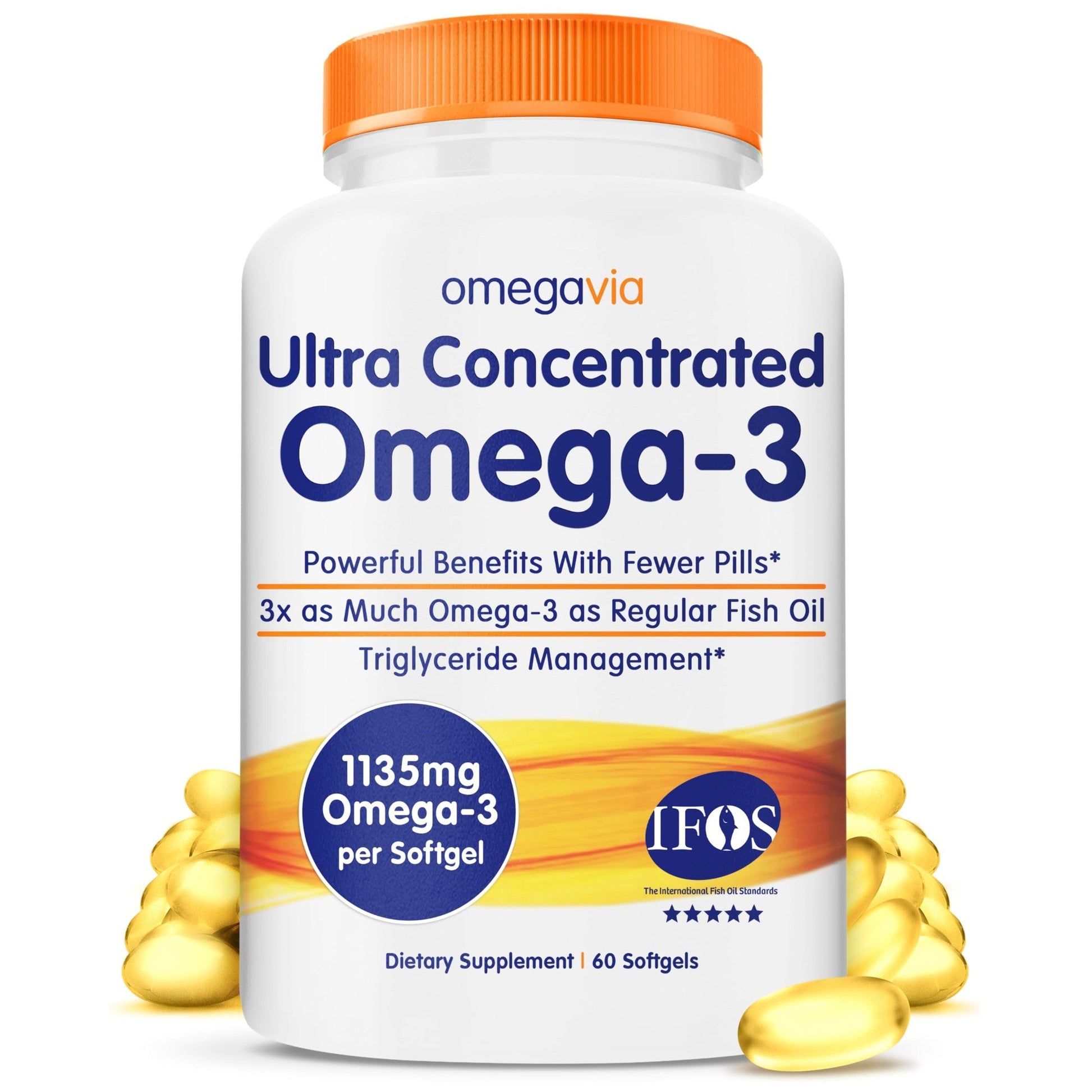 OmegaVia Ultra Concentrated Omega 3 Fish Oil Burpless, 60 Softgels, Triple Strength Omega 3 Fish Oil Supplements, 1135 mg Pure Omega3, No Fishy Burps, High EPA DHA DPA, IFOS 5-Star - Medaid International