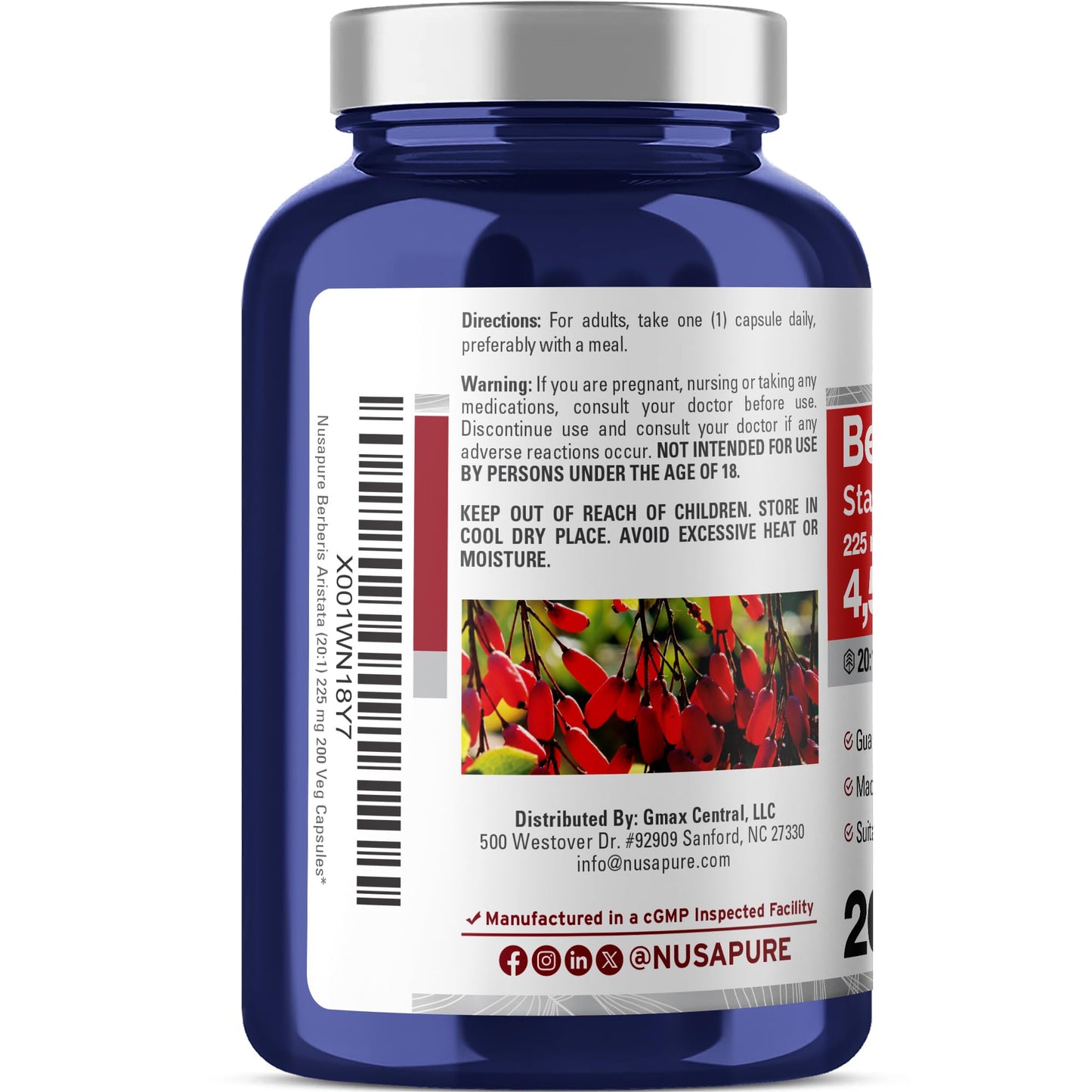 NusaPure Berberine HCI 20:1 Extract, 225 mg Equivalent to 4,500mg - 200 Veggie Caps - (Vegetarian, Non-GMO, Vegan) - Medaid International
