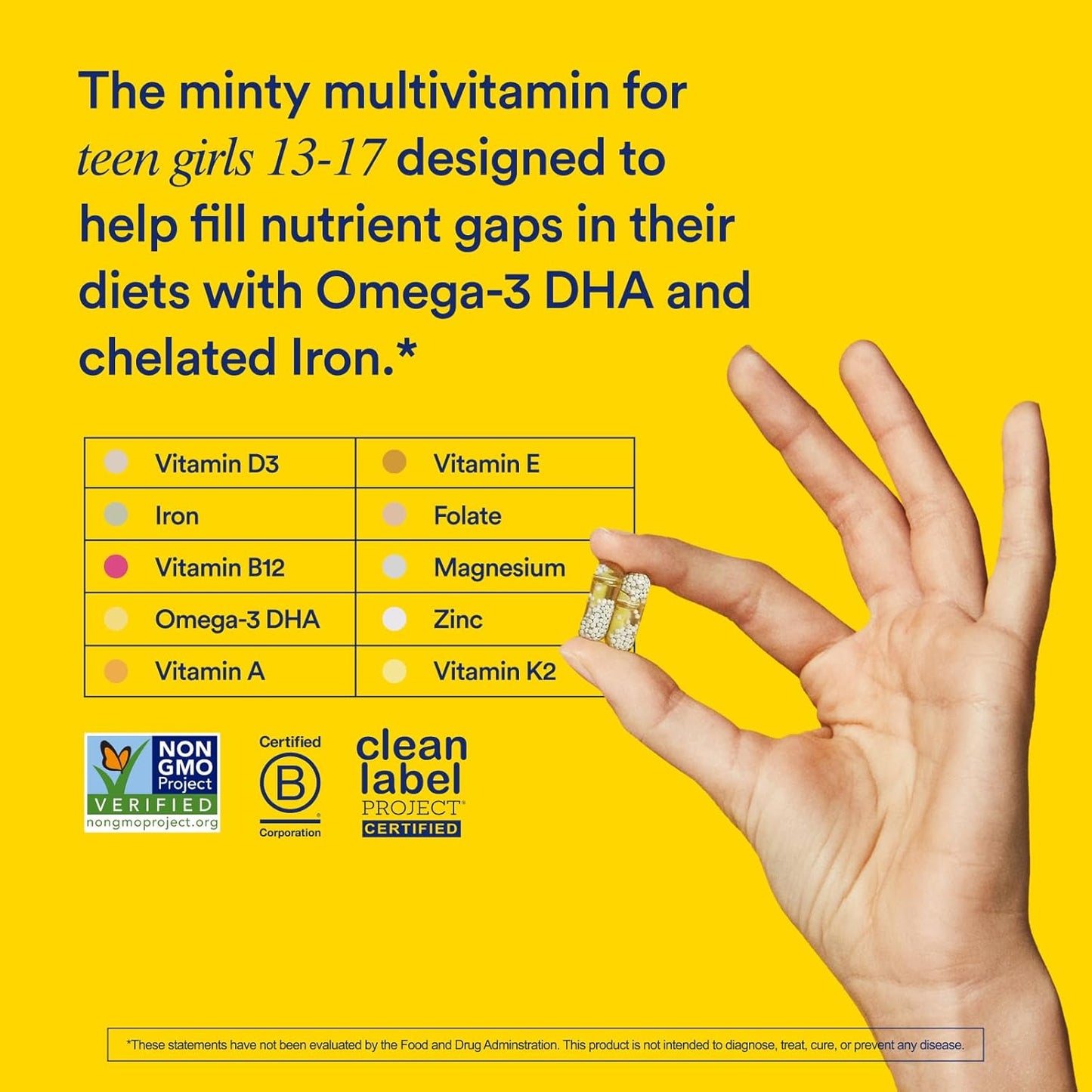 Ritual Teen Vitamins for Girls - Zinc, Vitamin A and D3 for Immune Function Support*, Omega-3 DHA & B12 for Brain Health, Non-GMO, Mint Essenced, 30 Day Supply, 60 Vegan Capsules - Medaid International