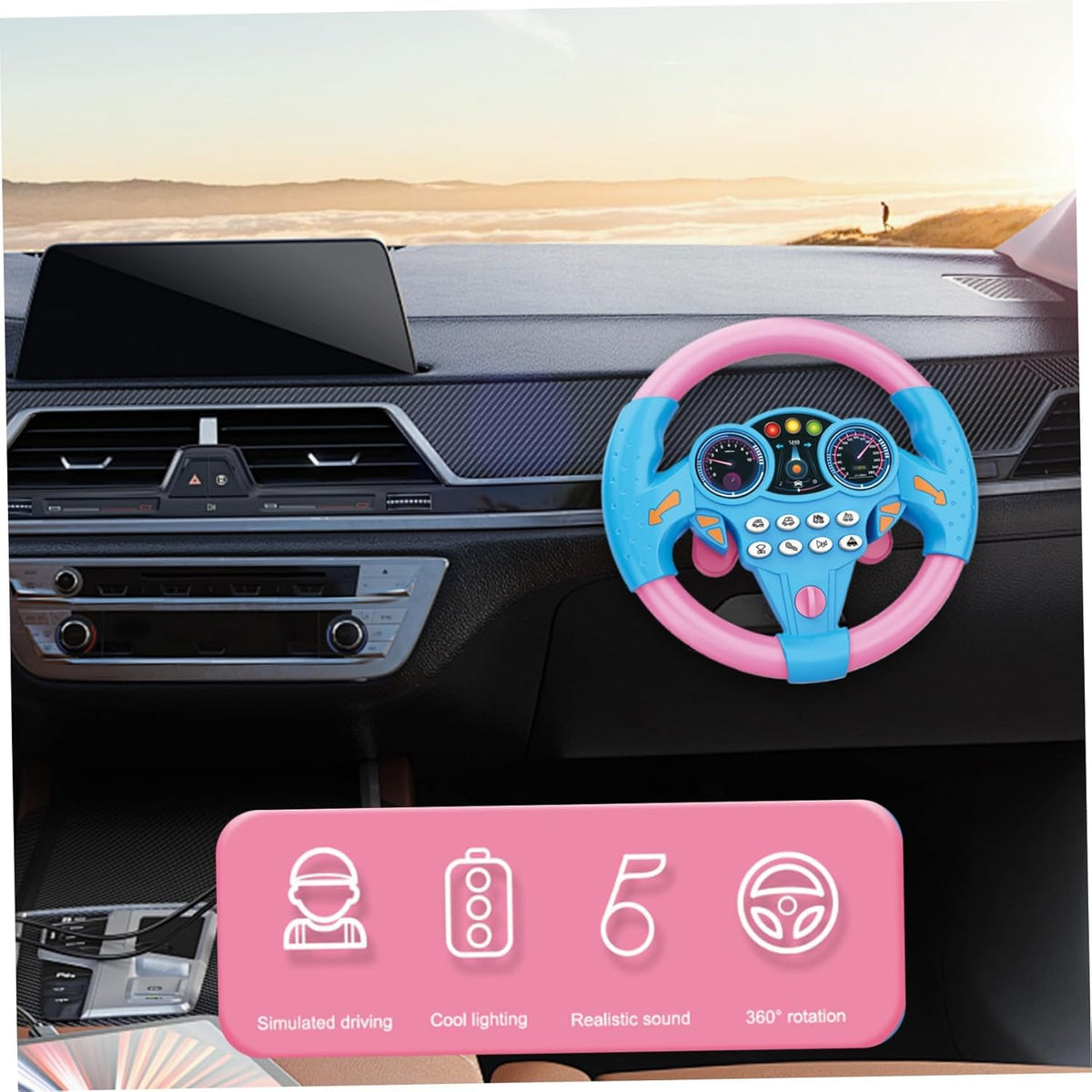 Kids Steering Wheel Toy with Light & Sound – Simulated Driving Controller 21×3.5×21 cm, Suction Mount, Educational Pretend Play for Boys & Girls (3+) (Yellow)