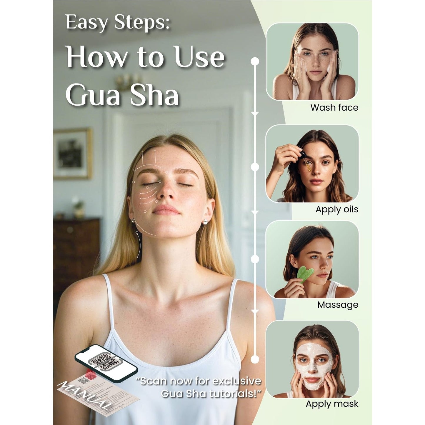 Rena Chris Gua Sha Facial Tools, Xiuyan Jade Stone Guasha Tool for Face Massage, Manual Facial Massager Tool for Jawline Sculpting and Puffiness Reduction with Silicone Case (Green) - Medaid International