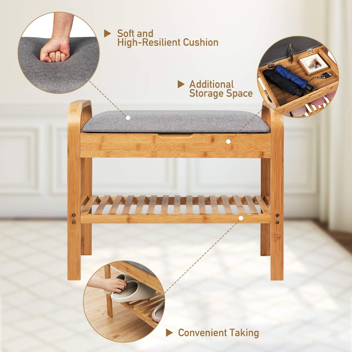 Bamboo Shoe Rack Bench with Flip Top Storage Space