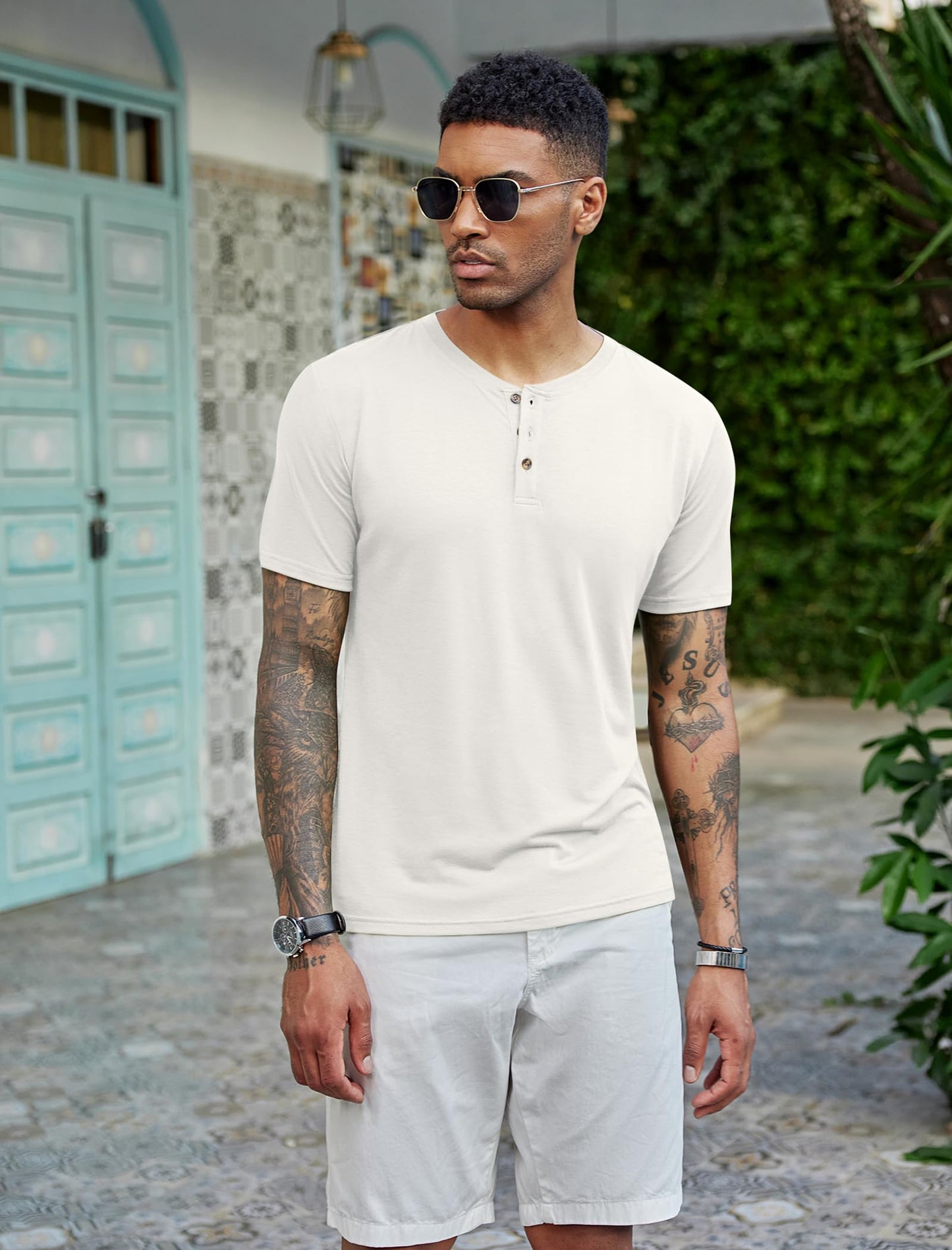 COOFANDY Men's Henley Shirts Short Sleeve Casual Summer Fashion Shirts Solid Button T Shirts White - Medaid International