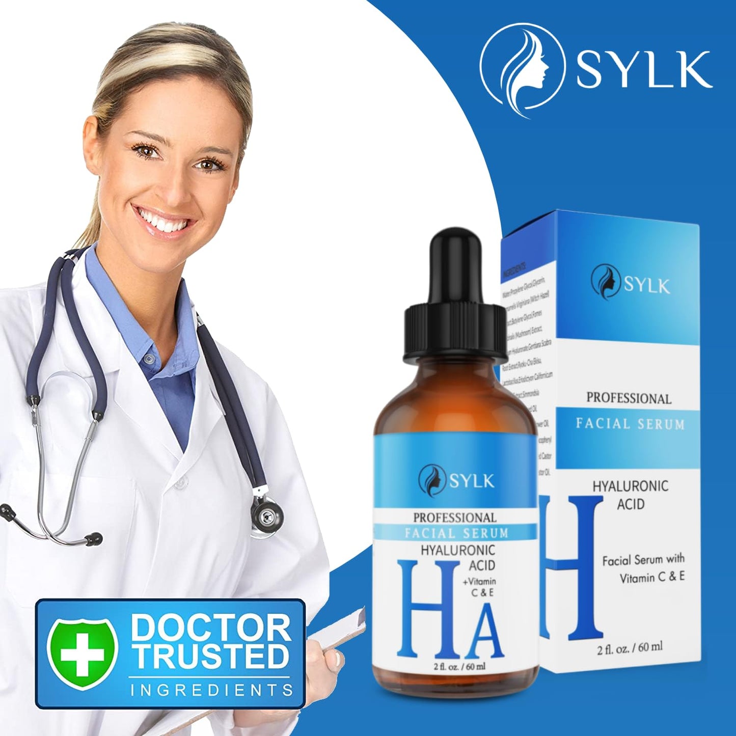 Sylk Hyaluronic Acid Serum for Face - Ultra Hydrating Anti Aging & Anti Wrinkle Serum with Vitamin C & E - Moisturizing & Plumping Formula for Smooth Skin - Microneedling - Korean Skincare - 2 fl oz - Medaid International