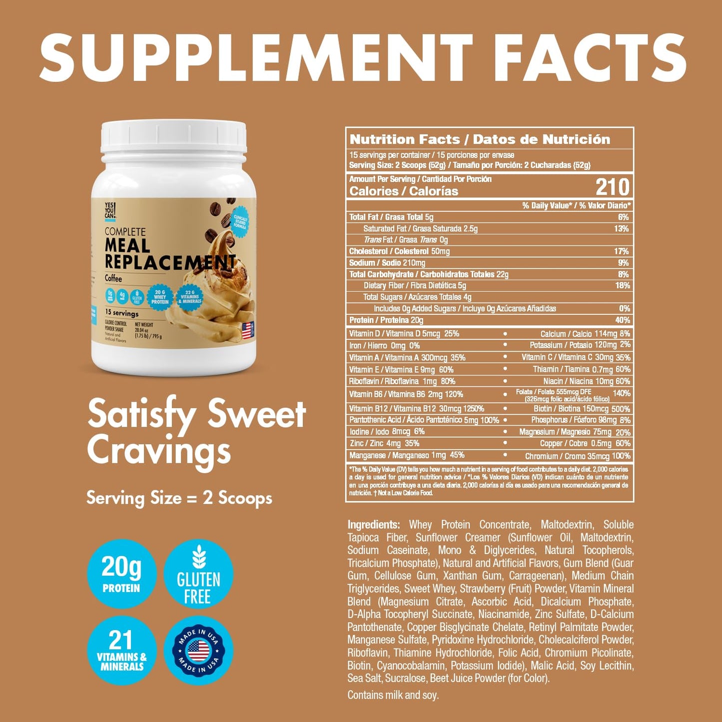 Yes You Can! Meal Replacement Shake - 20G Protein, 4G Fiber, 21 Vitamins & Minerals, 0G Added Sugar - Meal Replacement Protein Powder - Complete All-in-One Nutrition - 15 Servings (Coffee) - Medaid International