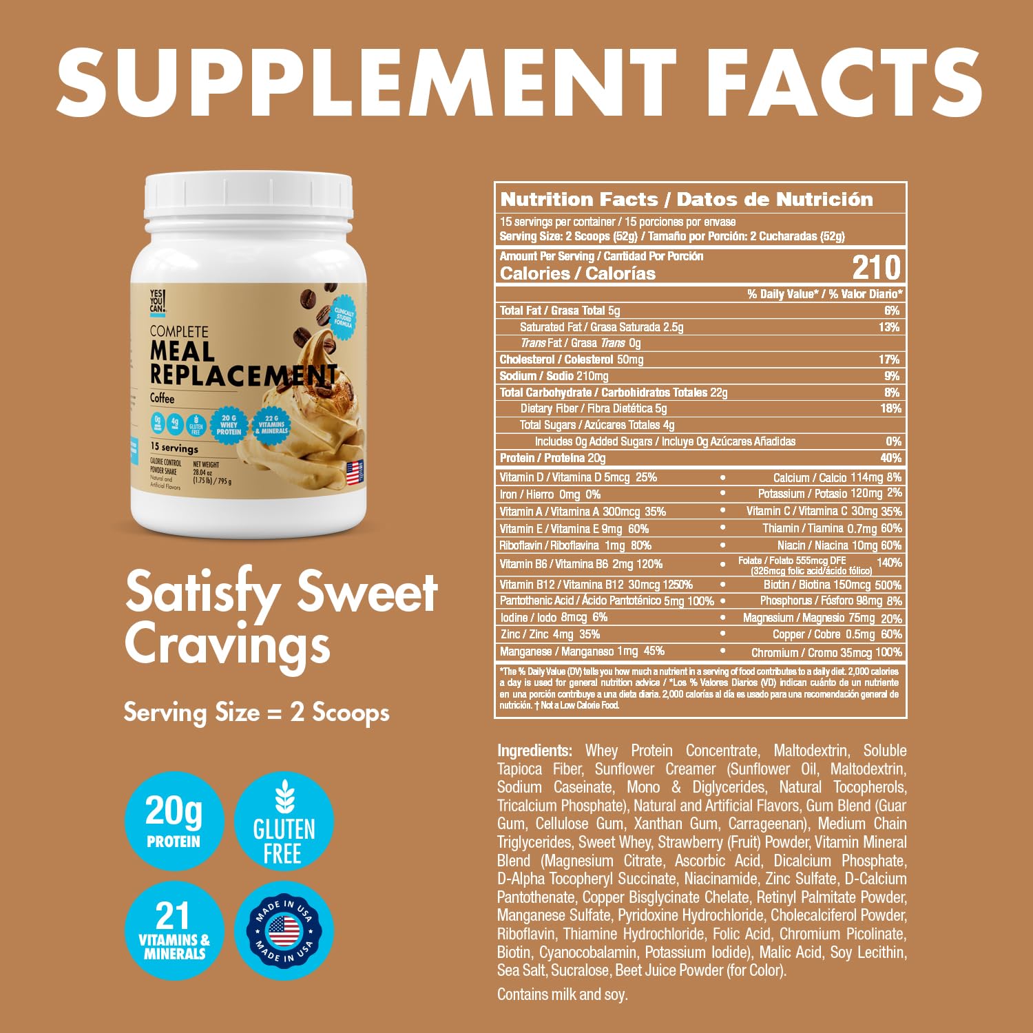 Yes You Can! Meal Replacement Shake - 20G Protein, 4G Fiber, 21 Vitamins & Minerals, 0G Added Sugar - Meal Replacement Protein Powder - Complete All-in-One Nutrition - 15 Servings (Coffee) - Medaid International