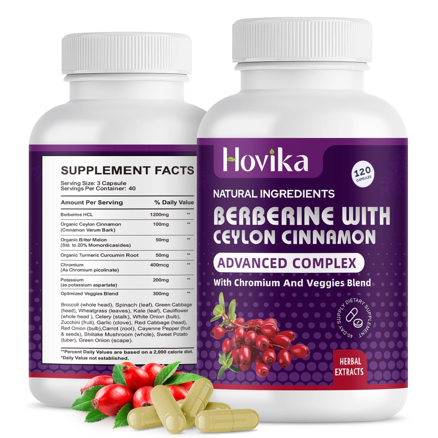 Berberine HCL Capsules 1200 mg - Berberine Supplement with Ceylon Cinnamon, Chromium, Veggies Blend - Supports Metabolism and Immune System, Gut Health - 120 ct Easy to Swallow Vegan Pills - Medaid International