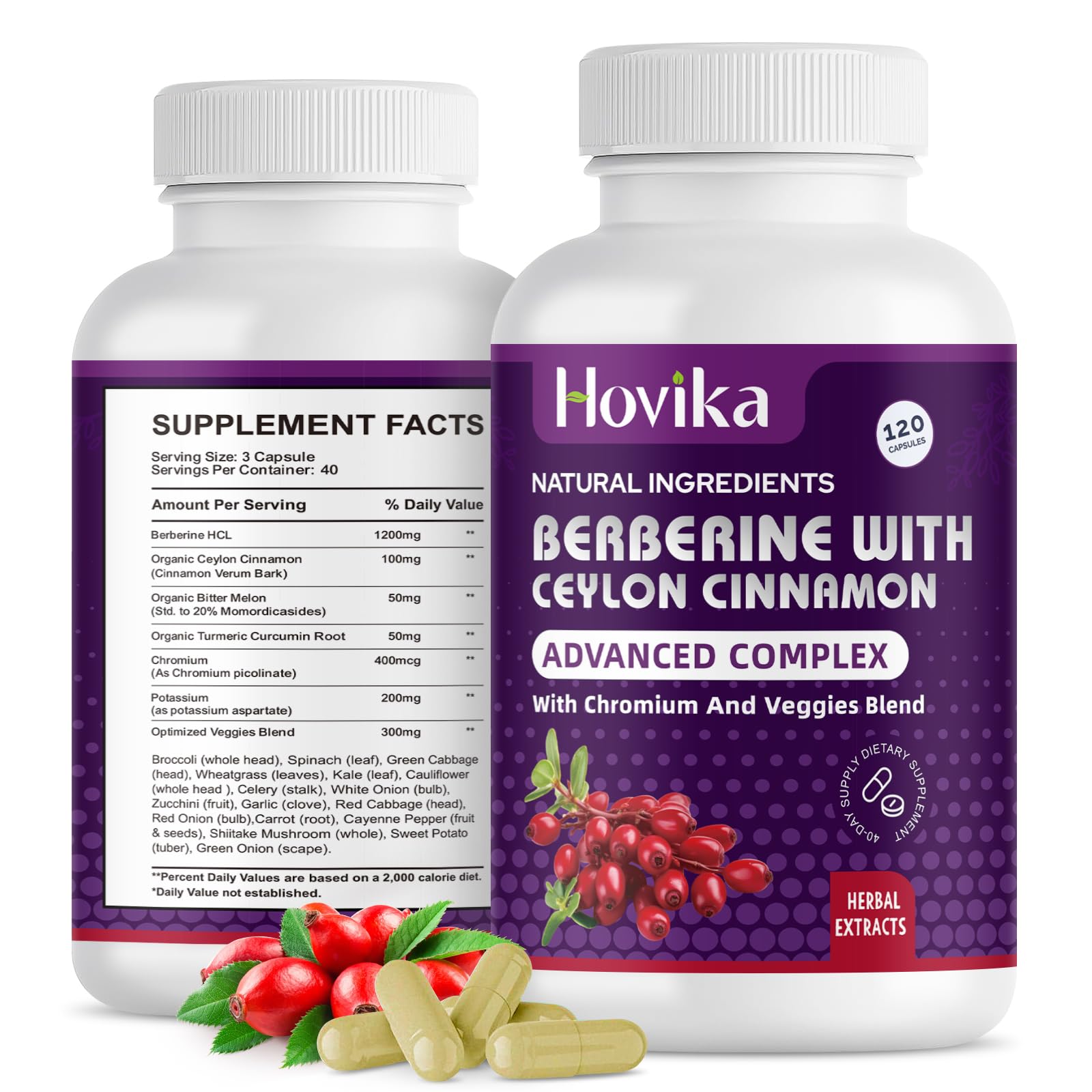 Berberine HCL Capsules 1200 mg - Berberine Supplement with Ceylon Cinnamon, Chromium, Veggies Blend - Supports Metabolism and Immune System, Gut Health - 120 ct Easy to Swallow Vegan Pills - Medaid International