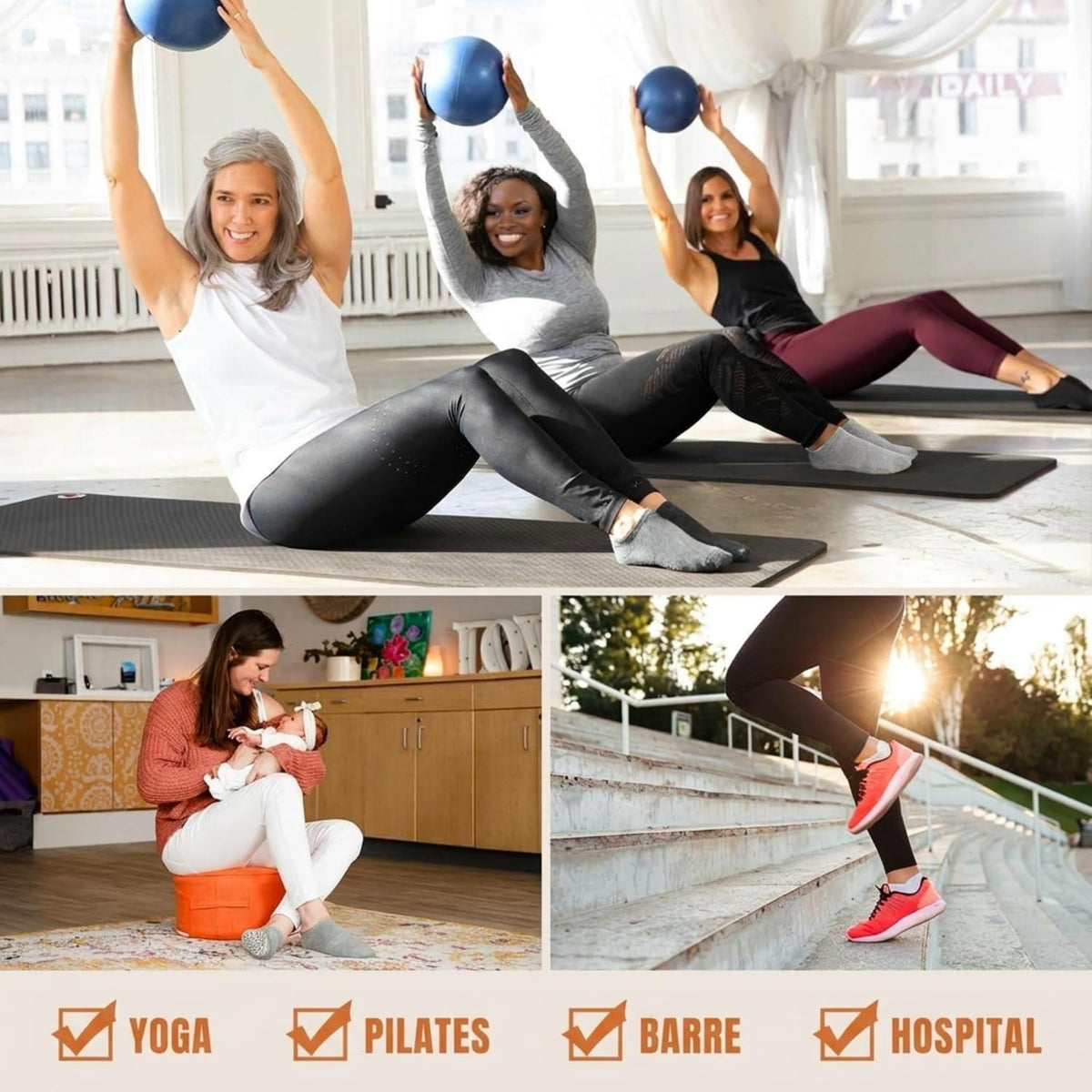 Non Slip Pilates Socks, 4 Pairs, Cotton Blend, Sizes 35-42