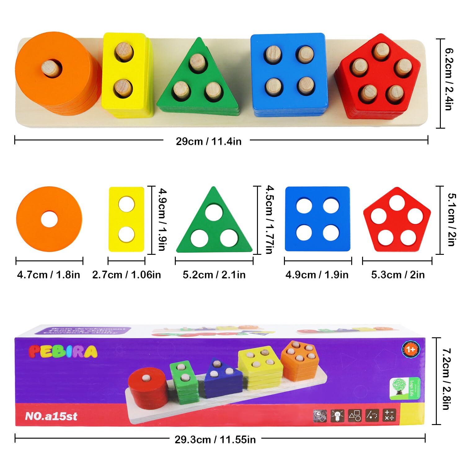 PEBIRA Montessori Toys for 1 to 3-Year-Old Boys Girls Toddlers, Wooden Sorting & Stacking Toys for Toddlers and Kids Preschool, Educational Color Recognition Shape Sorter, Learning Puzzles Gift - Medaid International