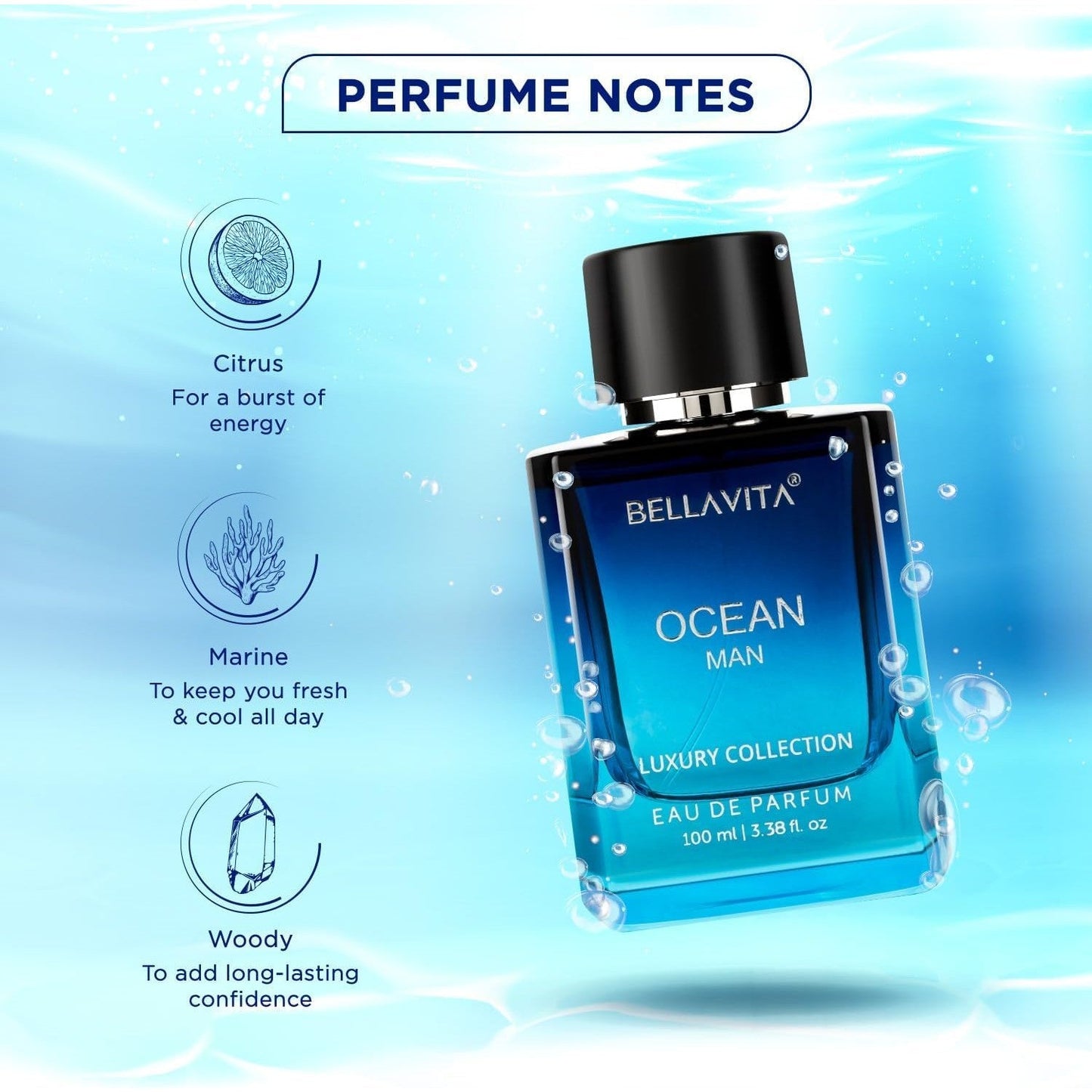 BellaVita Luxury OCEAN Eau de Perfume for Men (100ml) | Fresh Aquatic Fragrance | Notes: Aqueous, Bergamot, Orchid & Jasmine | Masculine Aromatic Fragrance | Mens Parfum Gift - Medaid International