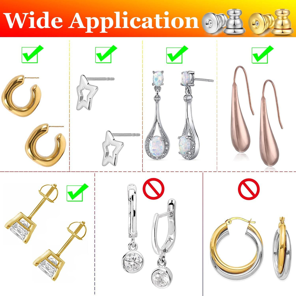 TERRIFI Locking Earring Backs for Studs, Hypoallergenic 18k Gold Bullet Earring Backs Replacements for Studs/Droopy Ears, Secure Locking Backing for Sensitive Ears (Gold 4pairs)