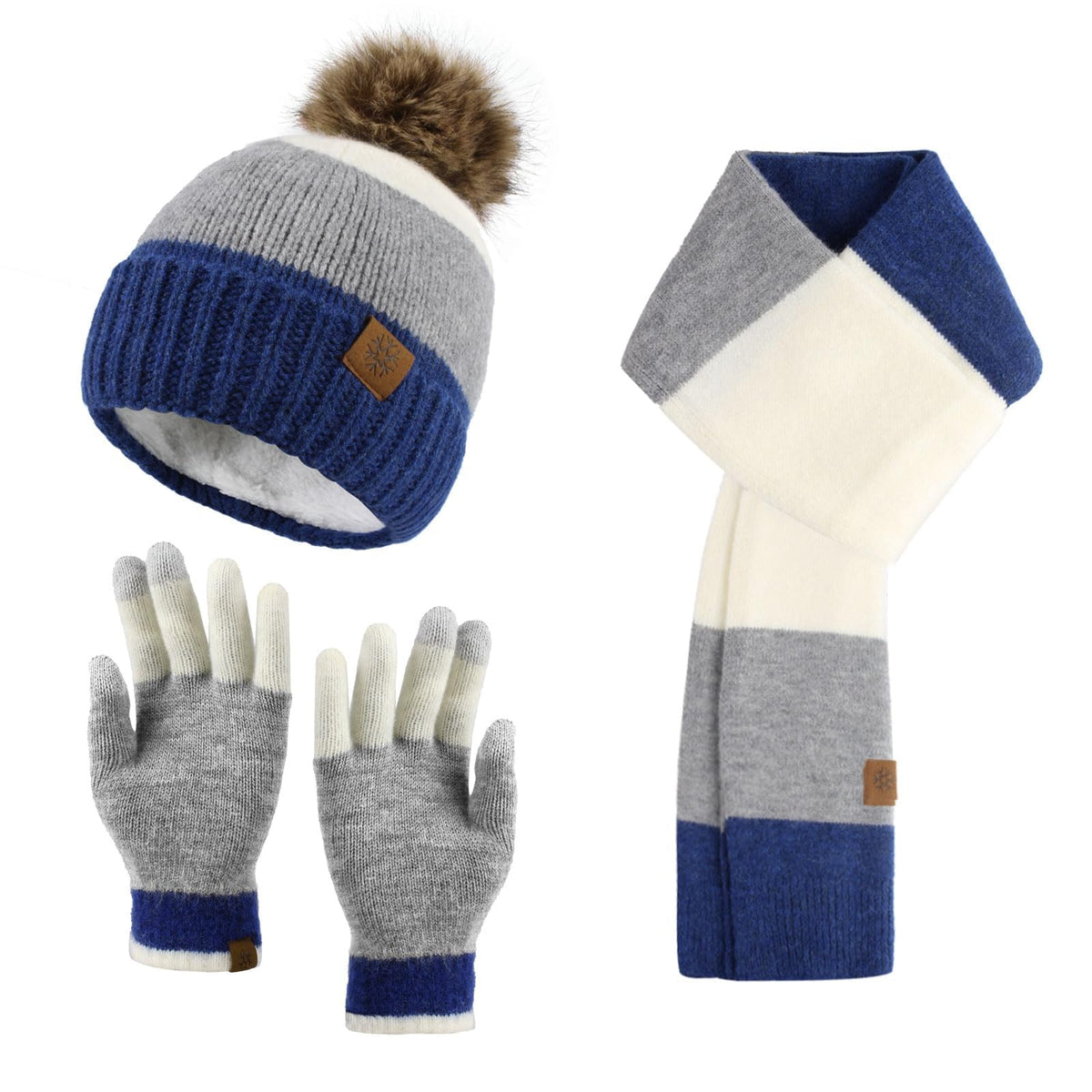 TERRIFI Winter Beanie Hat Scarf and Touchscreen Gloves Set for Women Thermal Fleece Lined 3 Piece Knit Set for Cold Weather Long Thick Scarf and Elastic Skull Cap with Pom-Pom Gray and Blue
