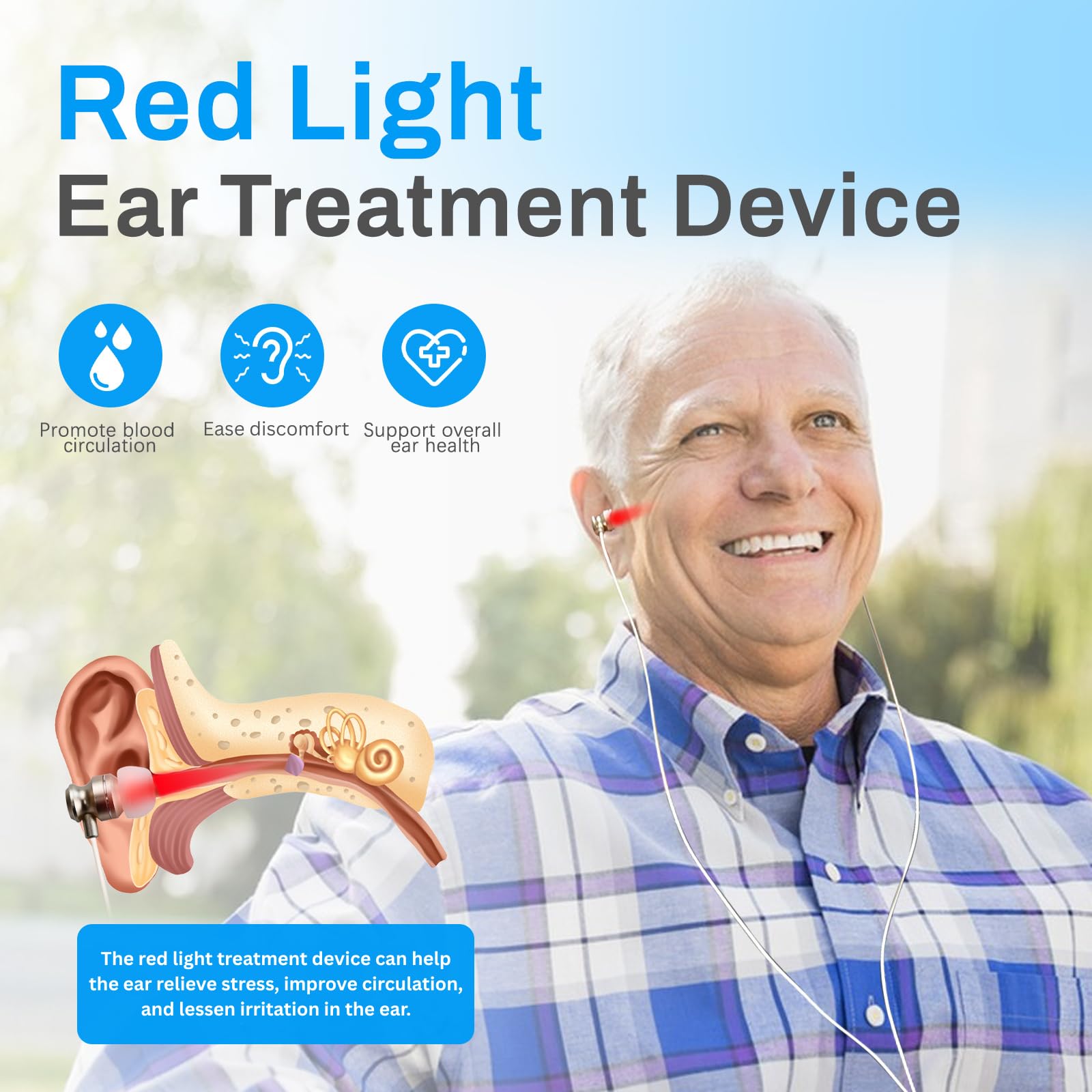 Red Light Therapy Device for Ears, 650nm USB Rechargeable Ear Therapy for Soothing & Improved Circulation, Includes 2 Pairs of Ear Canal Silicone Covers (White) - Medaid International