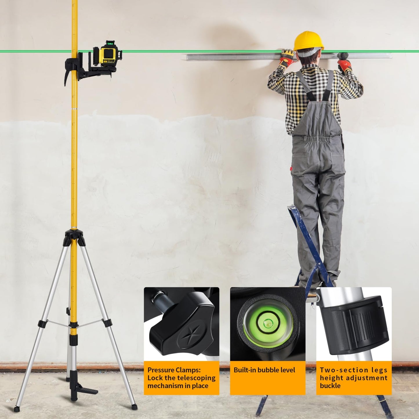 Firecore 12 Ft./3.7M Professional Laser Level Pole with Tripod and 1/4-Inch by 20-Inch Laser Mount for Rotary and Line Lasers, Adjustable Telescoping Laser Pole with 5/8"-11 Threaded Adapter-FLP370C - Medaid International
