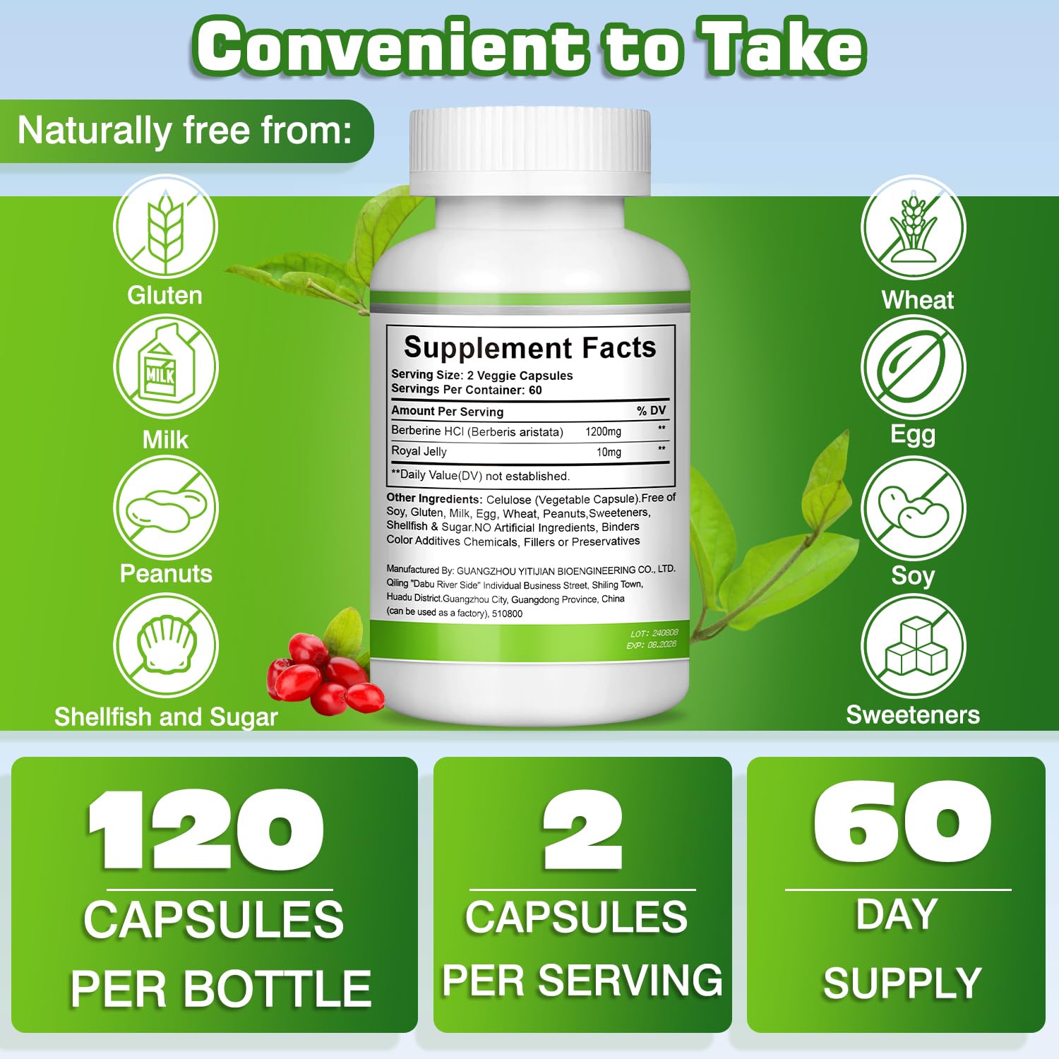 KOKOLLY Berberine Supplement 1200mg -Natural Plant- Based with Berberine HCL,Cinnamon, Bittermelon, Gymnema(120 Capsules) - Medaid International