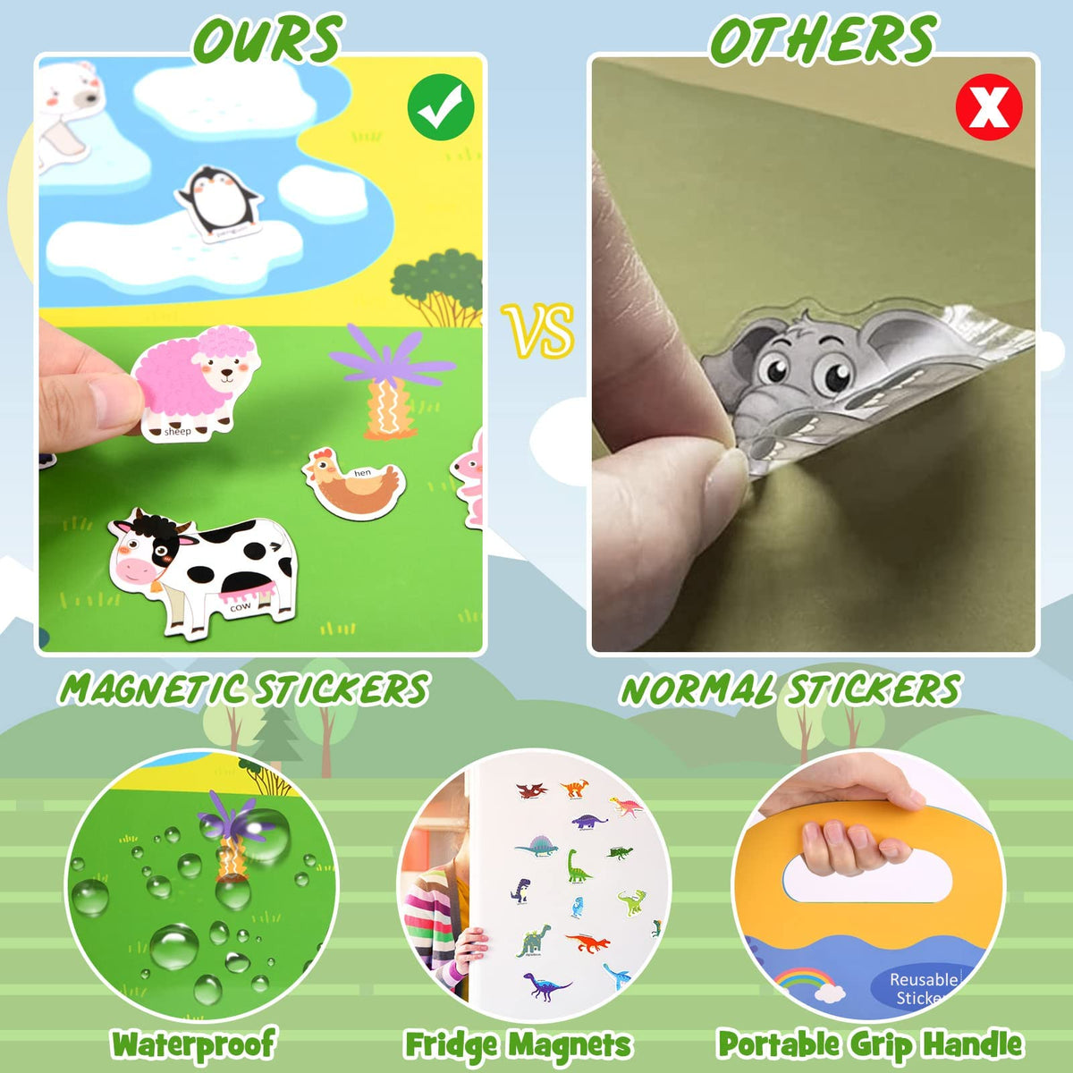KASTWAVE Sticker Book for Kids, 3 Pack Reusable Sticker Books for Toddlers, Magnetic Sticker Books for Toddlers Static Toys Ocean Animals Dinosaur Stickers Books for 1-6 Years Educational Toys