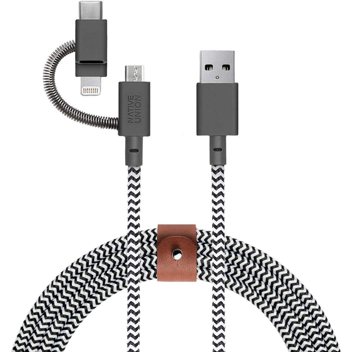Native Union Belt Cable Universal - 6.5ft Ultra-Strong Reinforced [MFi Certified] Durable Charging Cable with 3-in-1 Adaptor for Lightning, USB-C and Micro-USB Devices (Zebra) - Medaid International