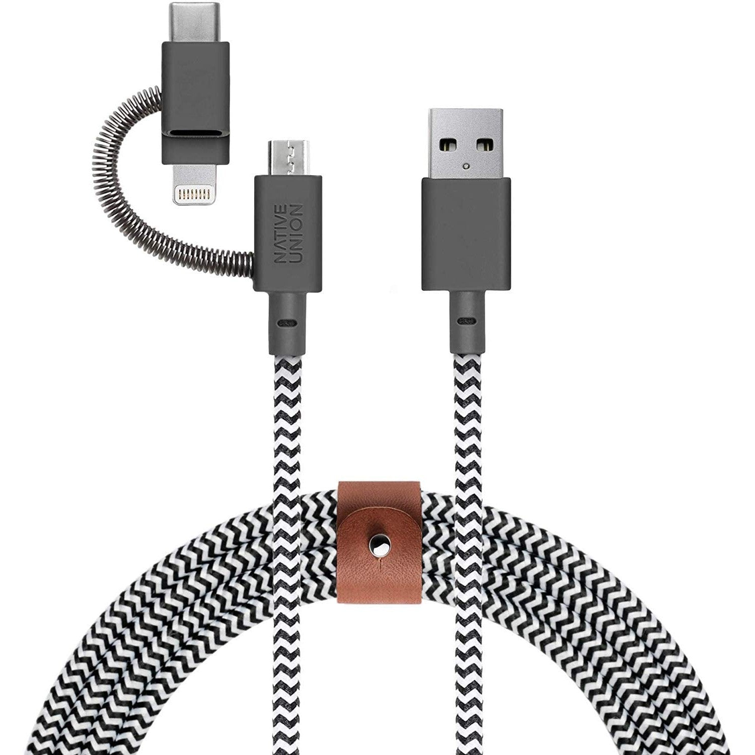 Native Union Belt Cable Universal - 6.5ft Ultra-Strong Reinforced [MFi Certified] Durable Charging Cable with 3-in-1 Adaptor for Lightning, USB-C and Micro-USB Devices (Zebra) - Medaid International