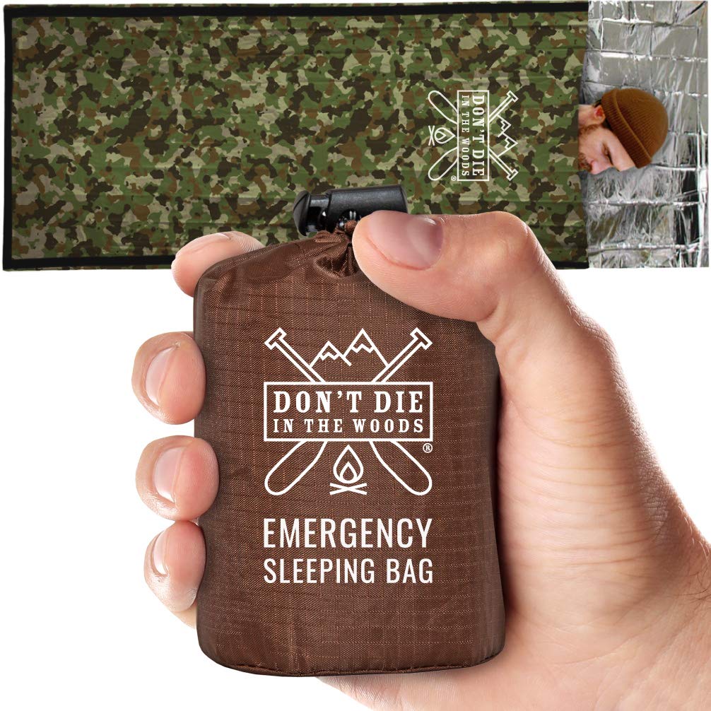 Don’t Die in The Woods - Emergency Sleeping Bag with Hood - Made with Extra Thick Thermal Mylar - Hiking Camping Blanket Survival Gear Essentials Tactical Car Disaster First Aid Kit (Camo)