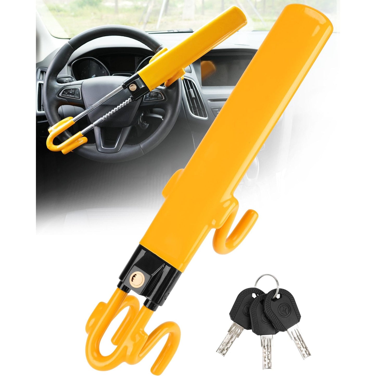 Tevlaphee Steering Wheel Lock - Heavy Duty Antitheft Device and Car Security Lock with Adjustable Locking and 3 Keys - Great Vehicle and Truck Deterrent (Yellow) - Medaid International
