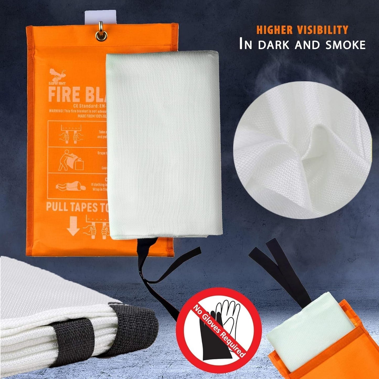 Fire Blanket -Certified 1500F Extra Thick, Glow In The Dark Fireproof Emergency Supplies. 500gsm, 0.5mm Thick Fire Blankets Emergency For Home. 1pc Fire Safety Emergency Blanket 47"x47" By Supa Ant