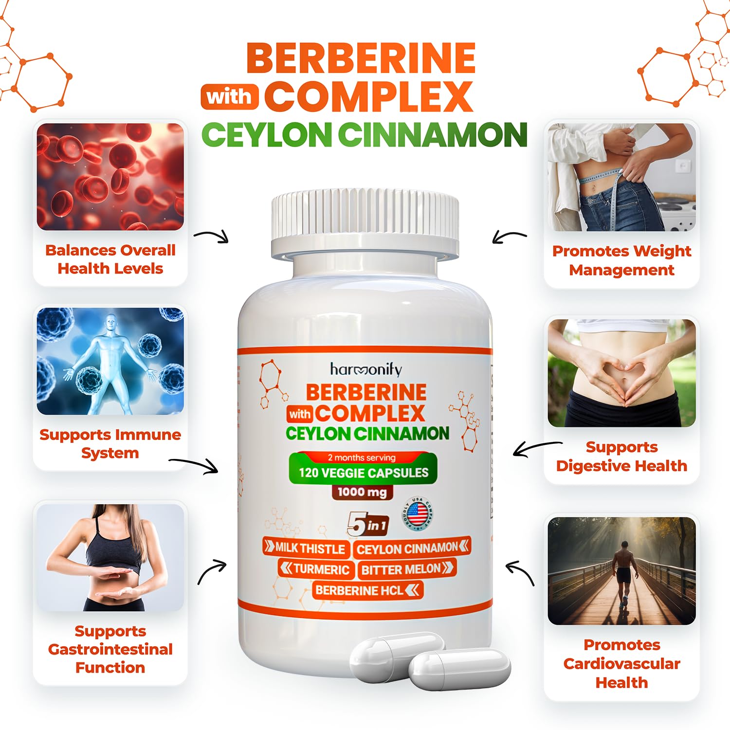 HARMONIFY Berberine Supplement with Ceylon Cinnamon, Milk Thistle, Turmeric, Bitter Melon Complex, 120 Capsules, 1000 mg, Vegan, Non-GMO - Medaid International