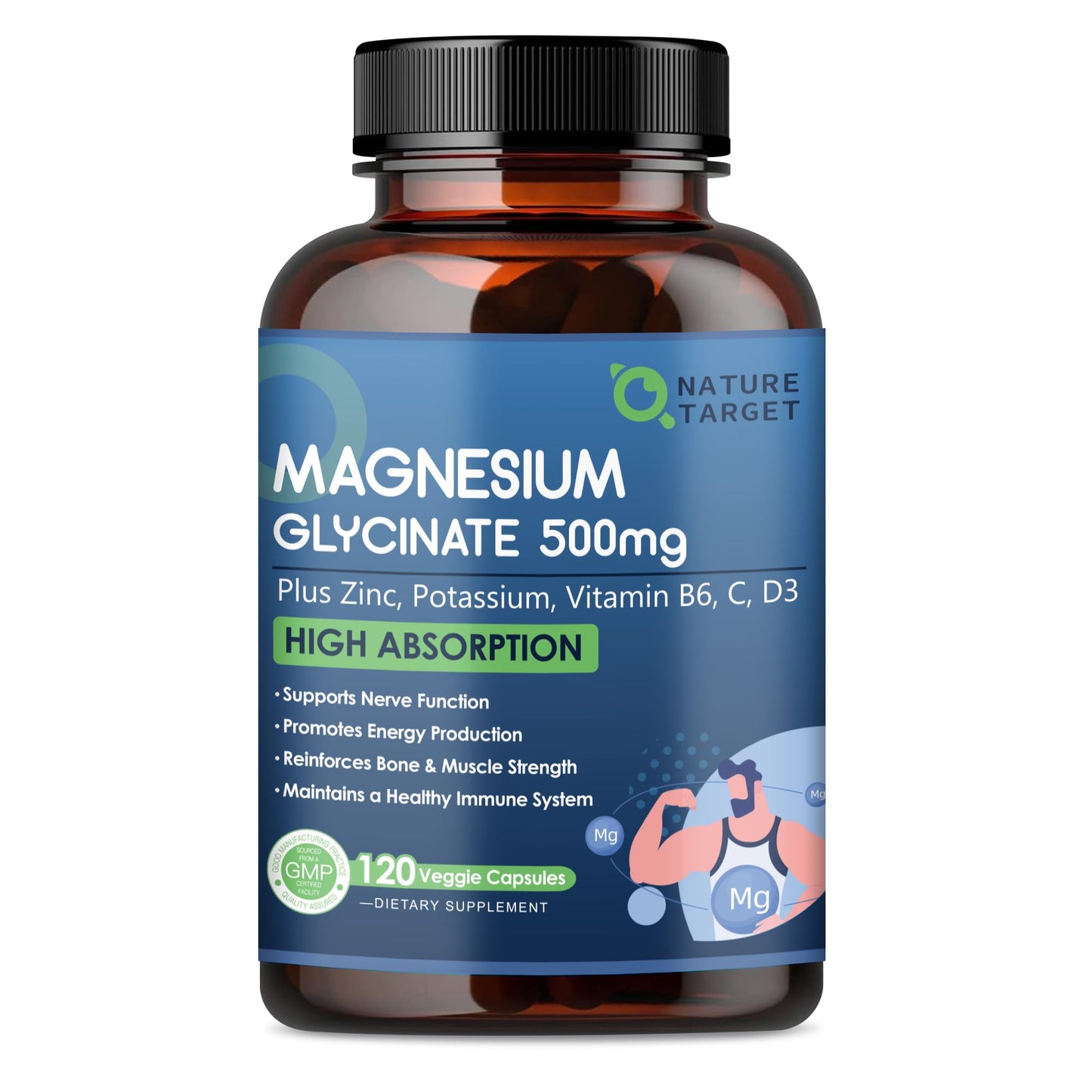 NATURE TARGET Magnesium Glycinate 500mg, Chelated Magnesium with Zinc & Vitamin D3 for Muscle, Nerve & Bone, Support Heart Health & Leg Cramp, Strength Immune System - 120 Capsules - Medaid International