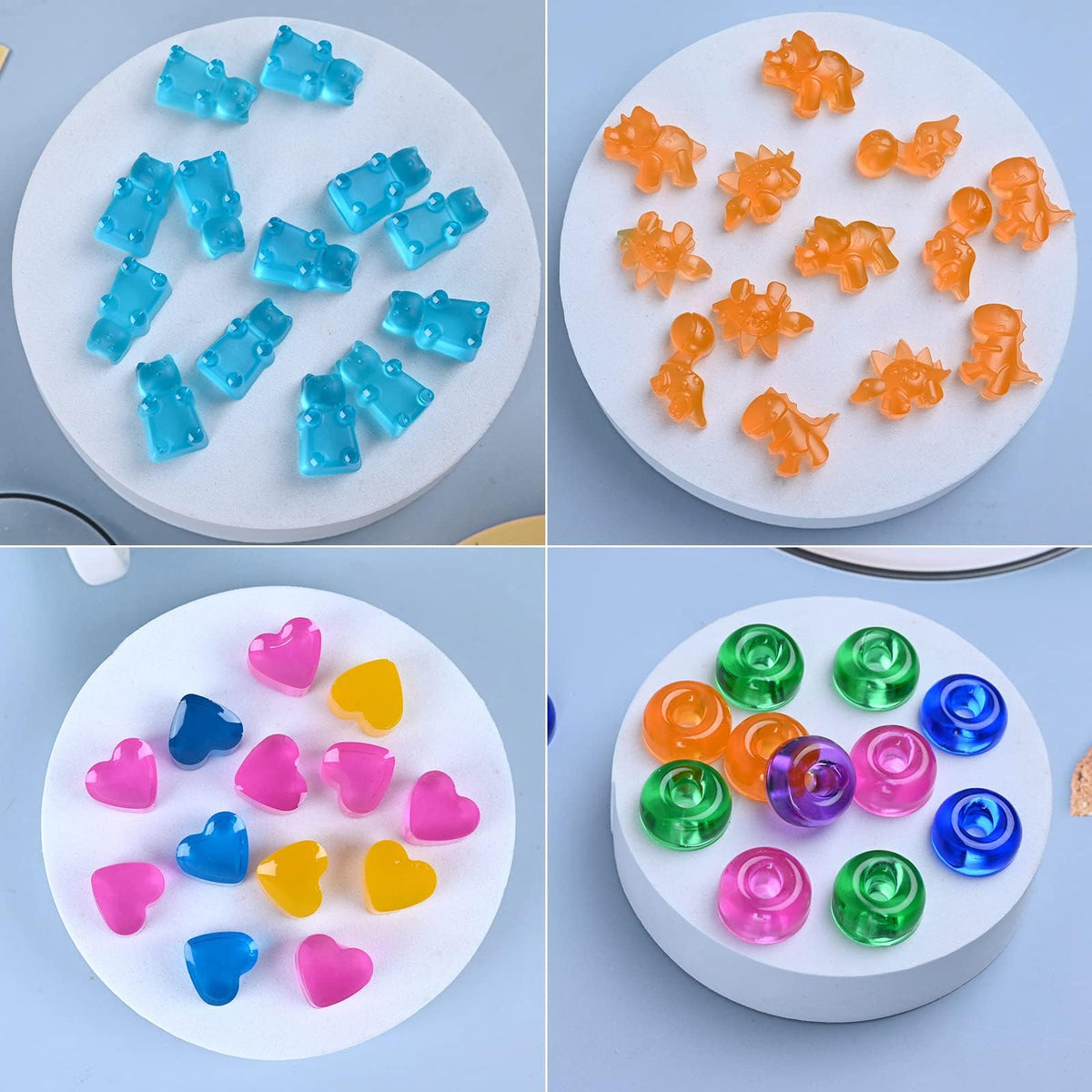 KASTWAVE Gummy Candy Molds Silicone with 2 Droppers Pack of 4 Mini Silicone Molds Including Dinosaur, Bear Shape, Hearts and Donut Gummie Chocolate Molds for Kids