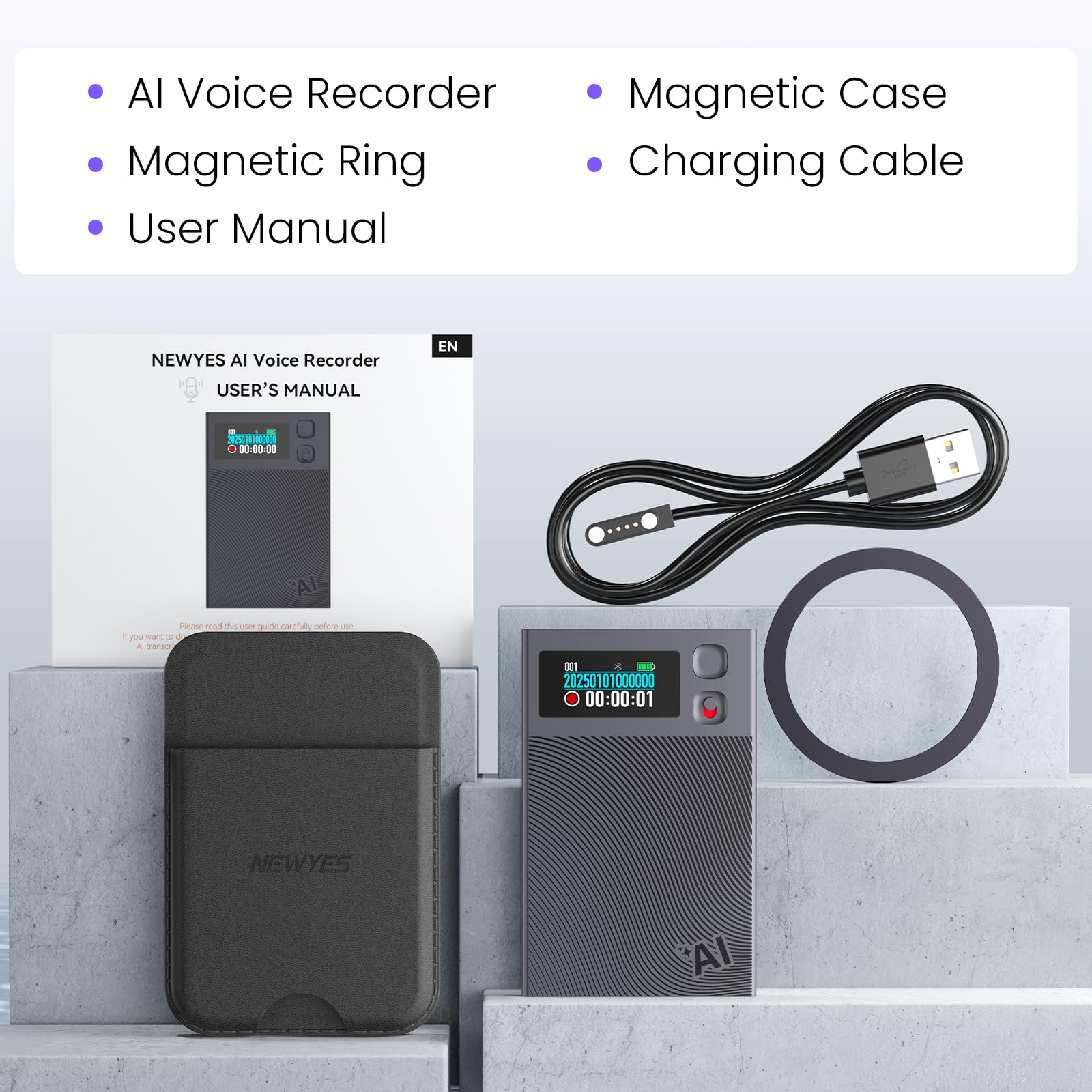 AI Voice Recorder, NEWYES Ailog Smart Digital Audio Recorder Meeting Card, App Control, Transcribe & Summarize, 188+ Languages Translation, 64GB Memory, for Meetings, Conference, Business, Calls - Medaid International