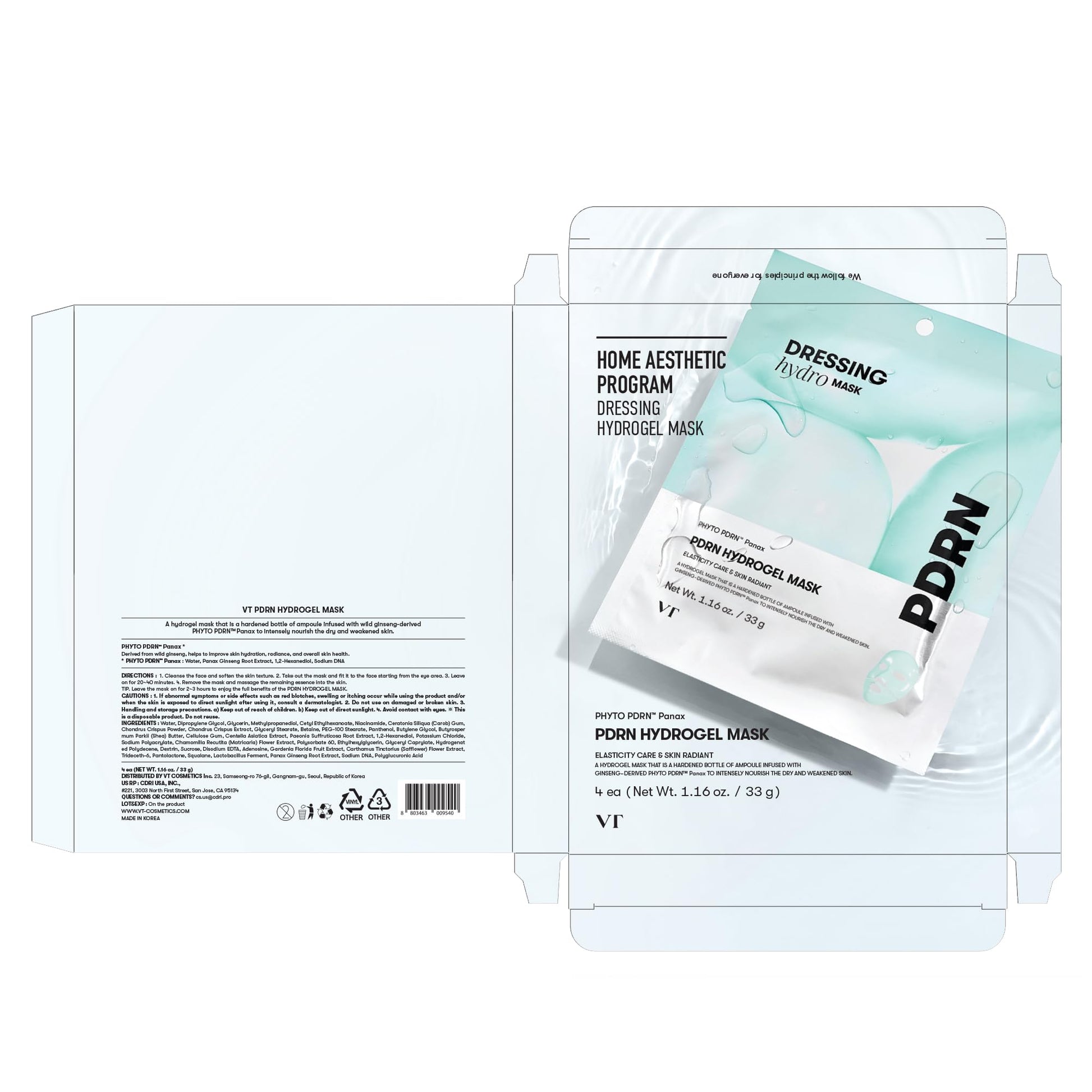 VT COSMETICS PDRN Hydrogel Mask(33gx4ea), Intensive Nourishing & Rejuvenating Overnight Mask, Skin Repair, Elasticity Boost, Hydrating & Plumping, Korean Skincare - Medaid International