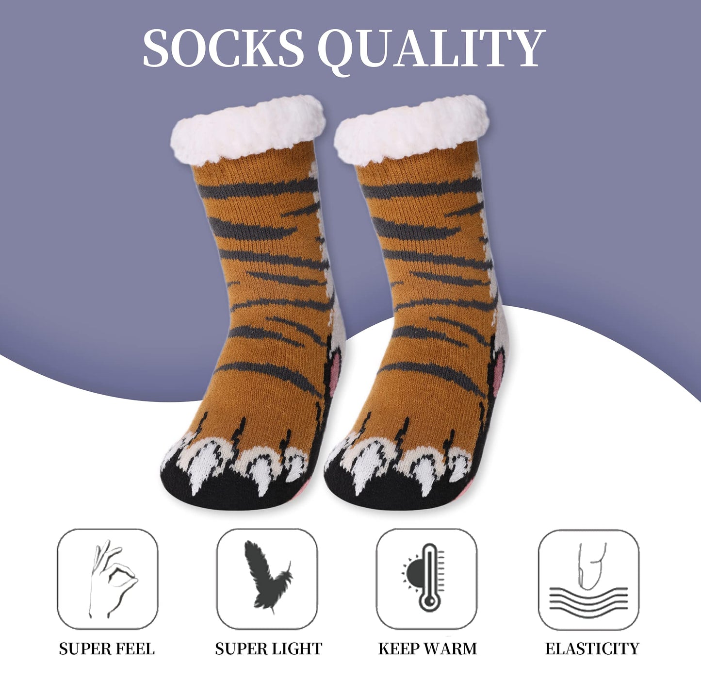 SDBING Kids Fuzzy Slipper Socks Boys Girls Soft Cozy Fluffy Grips Socks Winter Warm Non Slip Christmas Socks (8-12 Years, Tiger Paw) - Medaid International