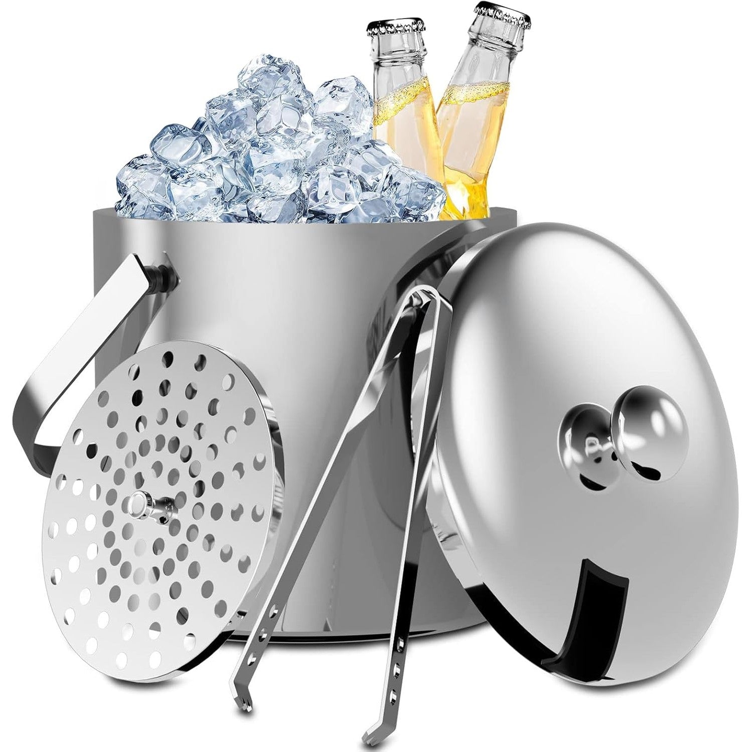 THMINS 3L Double-Wall Stainless Steel Insulated Ice Bucket With Lid & Ice Tong, Included Strainer, Ideal for Cocktail Bar, Parties, Chilling Wine, Champagne - Medaid International