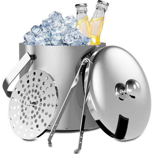 THMINS 3L Double-Wall Stainless Steel Insulated Ice Bucket With Lid & Ice Tong, Included Strainer, Ideal for Cocktail Bar, Parties, Chilling Wine, Champagne - Medaid International