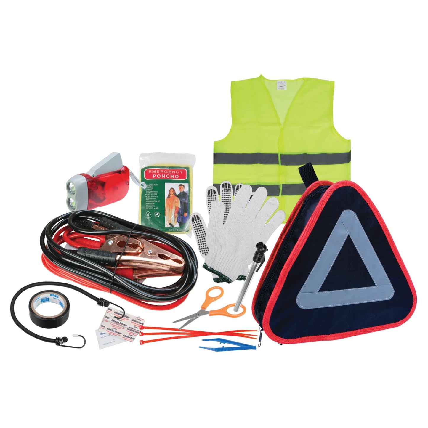 Performance Tool W1557 Roadside Assistance Kit with Jumper Cables, Reflective Triangle, Flashlight, Safety Vest, and More, in Zippered Storage Case