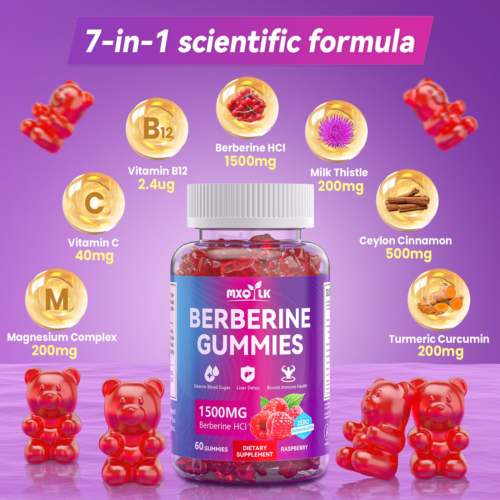 Berberine Gummies 1500mg – High Potency Berberine Supplement with Ceylon Cinnamon and Milk Thistle – Supports Glucose Metabolism & Natural Liver Function – Vegan, Sugar-Free, Non-GMO – 60 Count - Medaid International