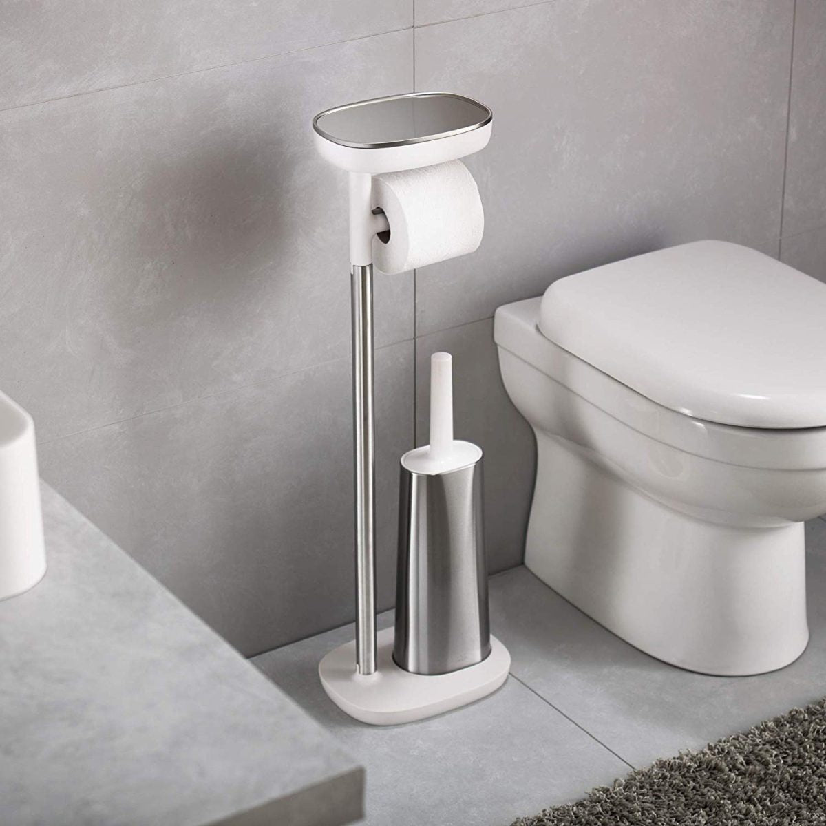 Joseph Joseph EasyStore Butler Toilet Paper Holder Stand and Flex Toilet Brush with Shelf and Drawer, Stainless Steel