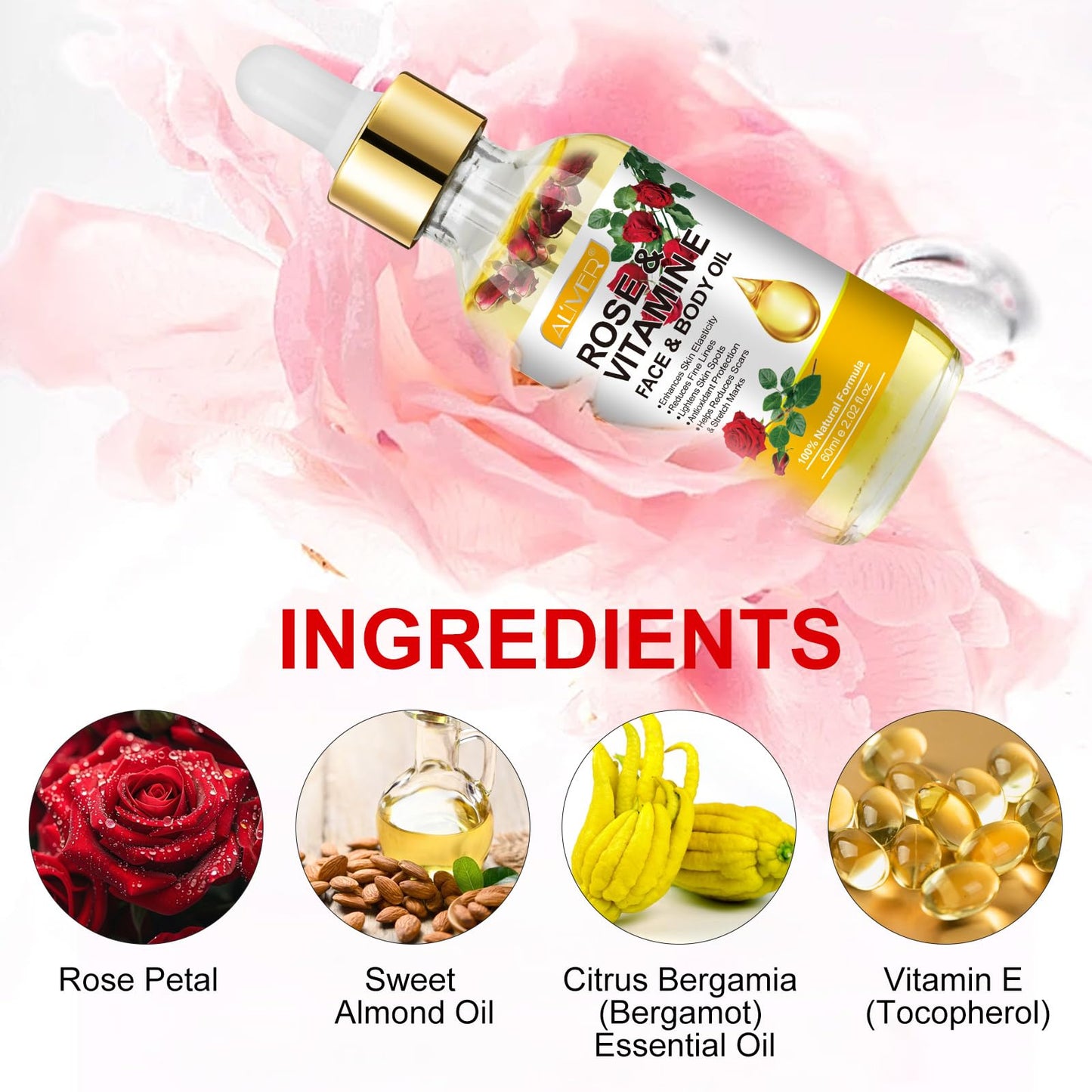 RoongDuuDll Rose Oil for Face with Rose Petal Flower, Natural Vitamin E Oil for Anti-aging, Scars & Stretch Mark, Gua Sha Face Oil, Massage Body Oil Scented for Dry Skin, Scalp and Nail - 60ml - Medaid International