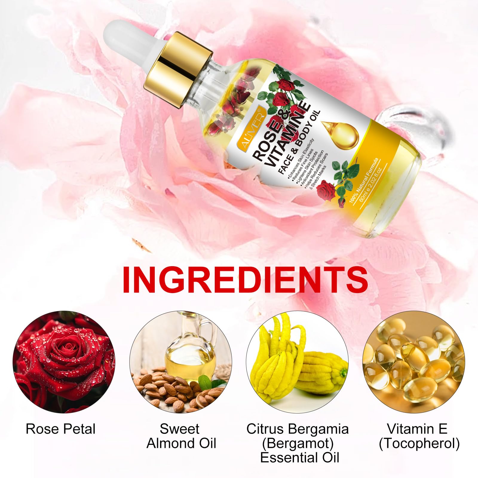 RoongDuuDll Rose Oil for Face with Rose Petal Flower, Natural Vitamin E Oil for Anti-aging, Scars & Stretch Mark, Gua Sha Face Oil, Massage Body Oil Scented for Dry Skin, Scalp and Nail - 60ml - Medaid International