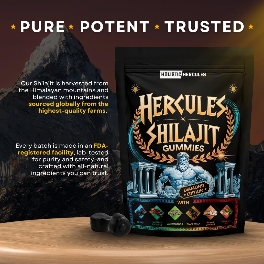 Holistic Hercules Himalayan Gold Shilajit Gummies with Ashwagandha Black Maca Tongkat Ali Panax Ginseng Mucuna | 100% Natural Organic | Vegan Non-GMO Sugar-Free (30) - Medaid International
