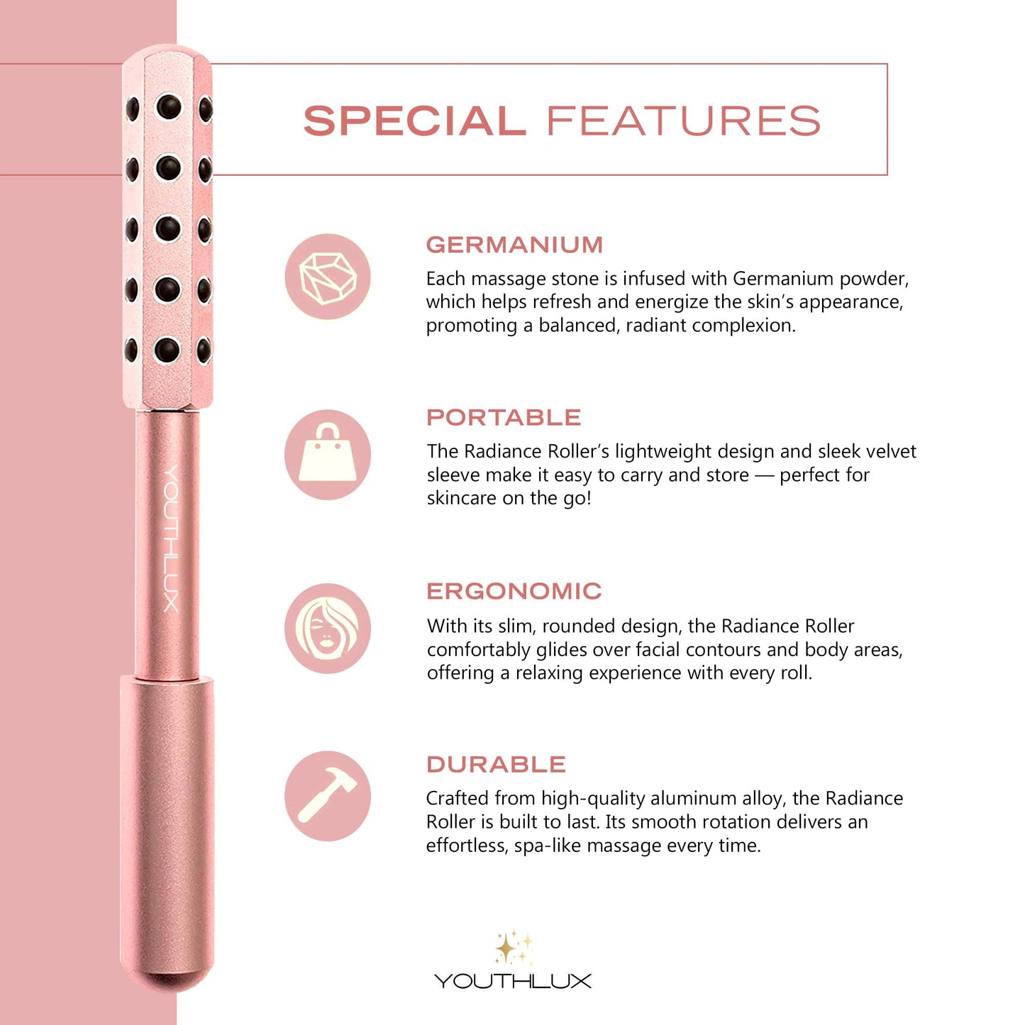 YOUTHLUX Radiance Roller - Germanium Stone Uplifting Face Beauty Massage Tool/Roller/Wand for Skin Tightening, De-Puffing, Sculpt/Lift, Anti-Aging | Uplift Face Roller, Facial Roller (Rose Gold) - Medaid International
