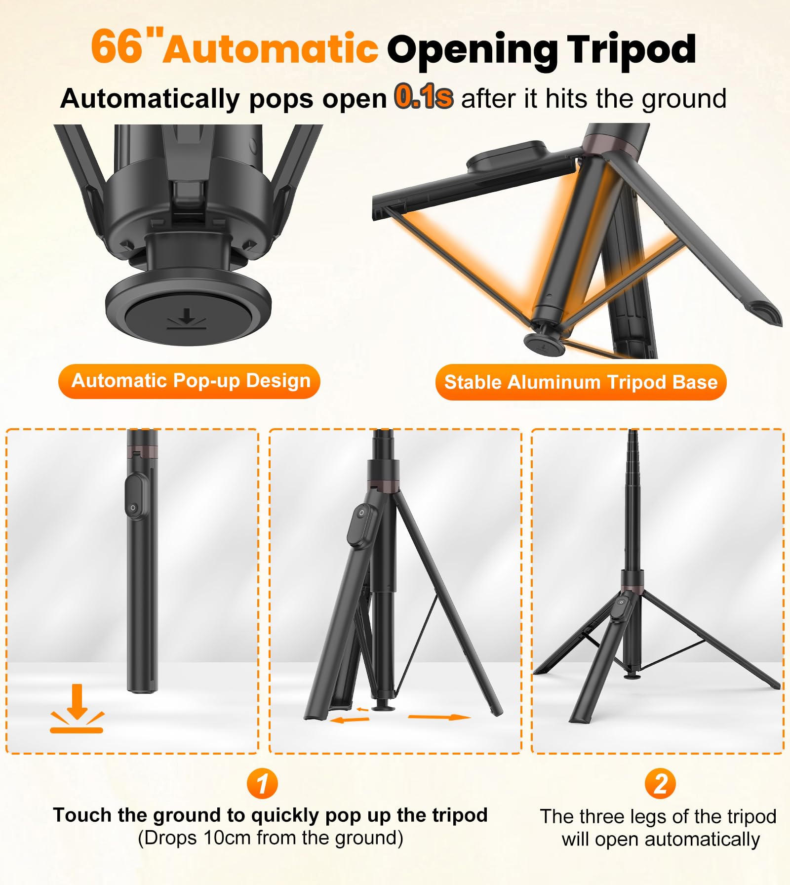 TONEOF 66" Automatic Tripod,Auto-Open Phone Tripod Stand with Magnetic Rechargable Remote,Selfie Stick Tripod 360° Vertical & Horizontal Rotatable,Stable Travel Tripod for iPhone/Android(Black) - Medaid International