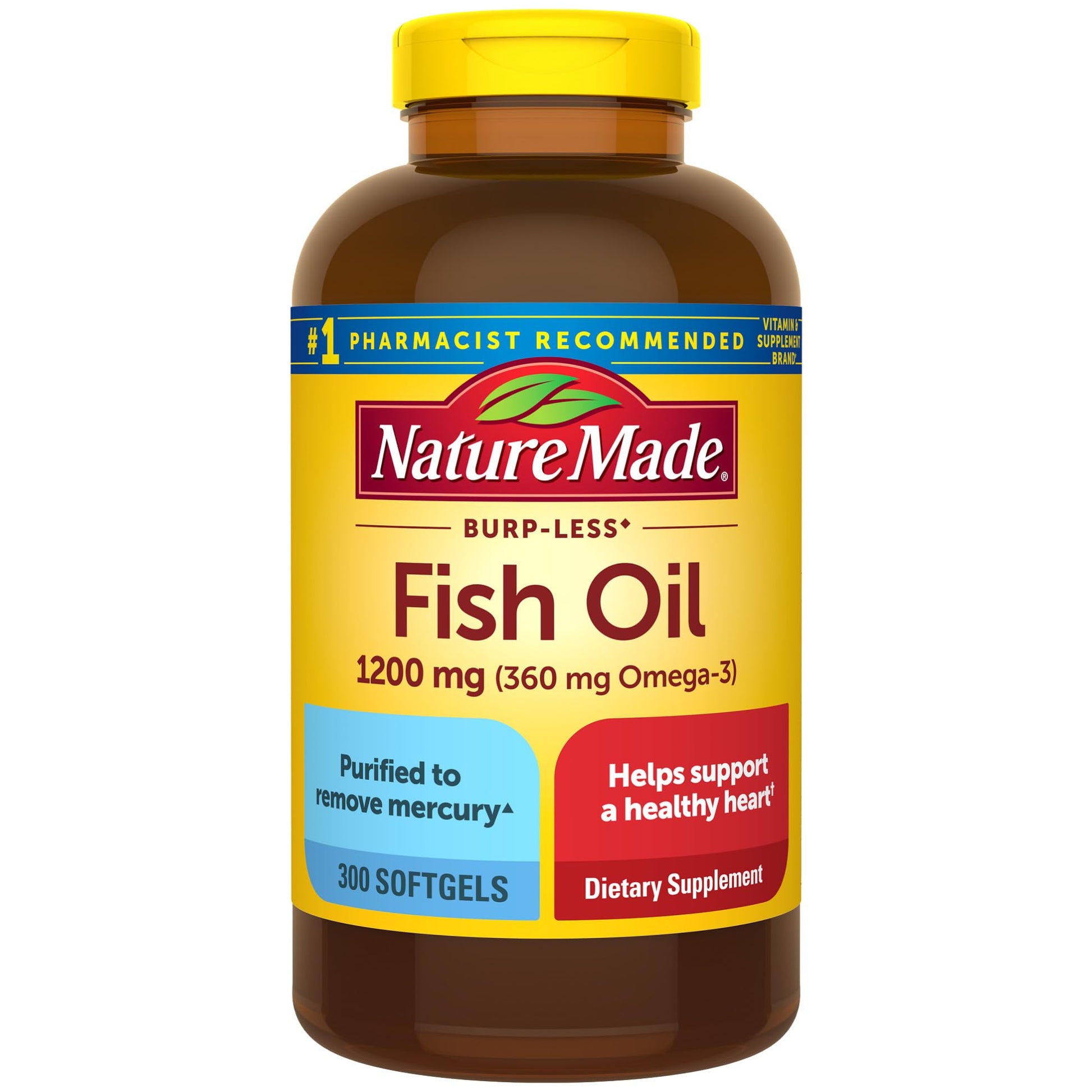 Nature Made Burp Less Fish Oil Omega 3 Supplements, 1200 mg Softgels, Omega 3 Fish Oil for Healthy Heart Support, 300 Softgels, 150 Day Supply - Medaid International