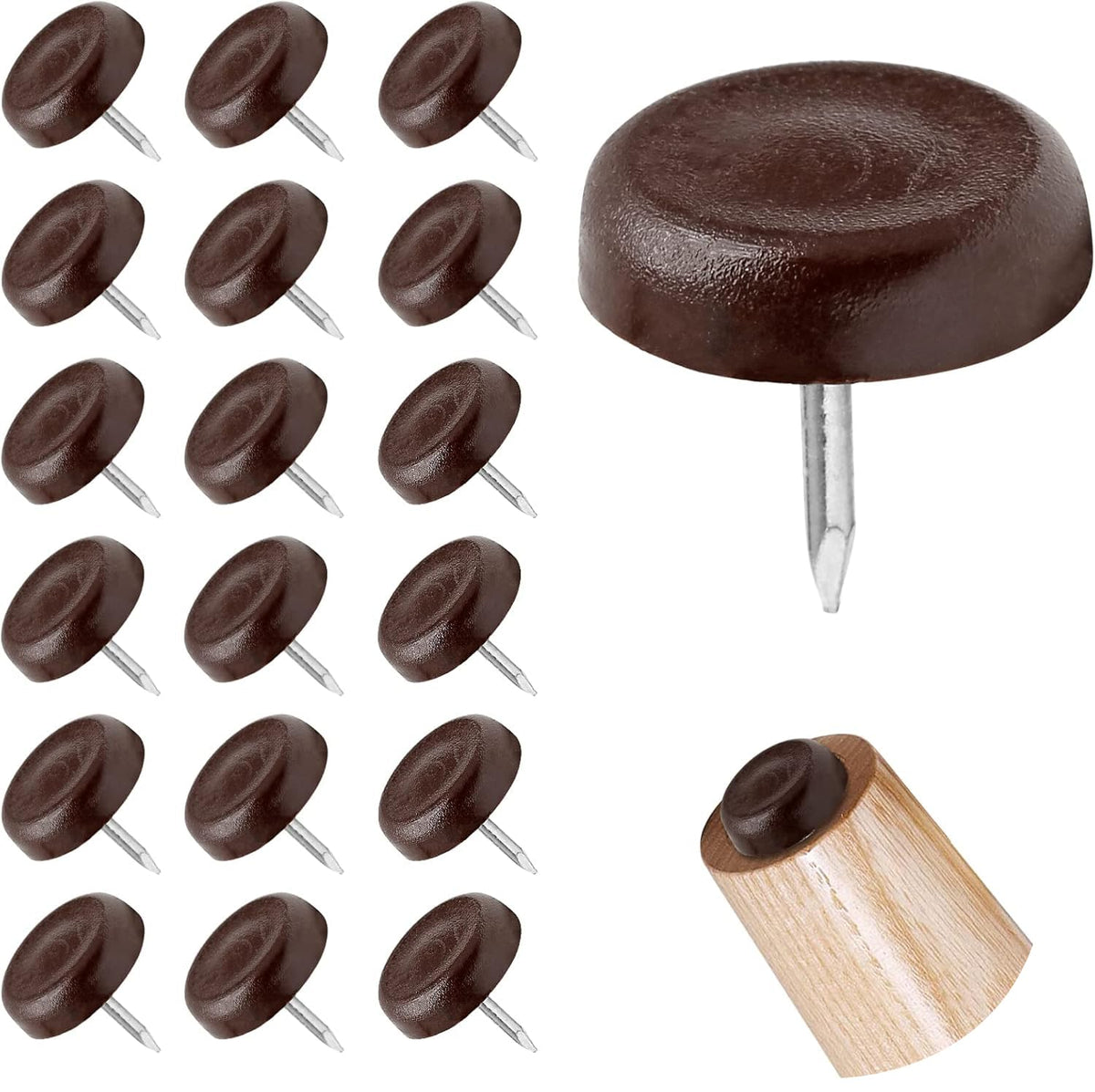 KASTWAVE Brown Nail-On Furniture Sliders, 60PCS Round Floor Protectors for Table and Chair Legs, Durable Nylon Glides for Easy Movement, 17.3mm x 5mm