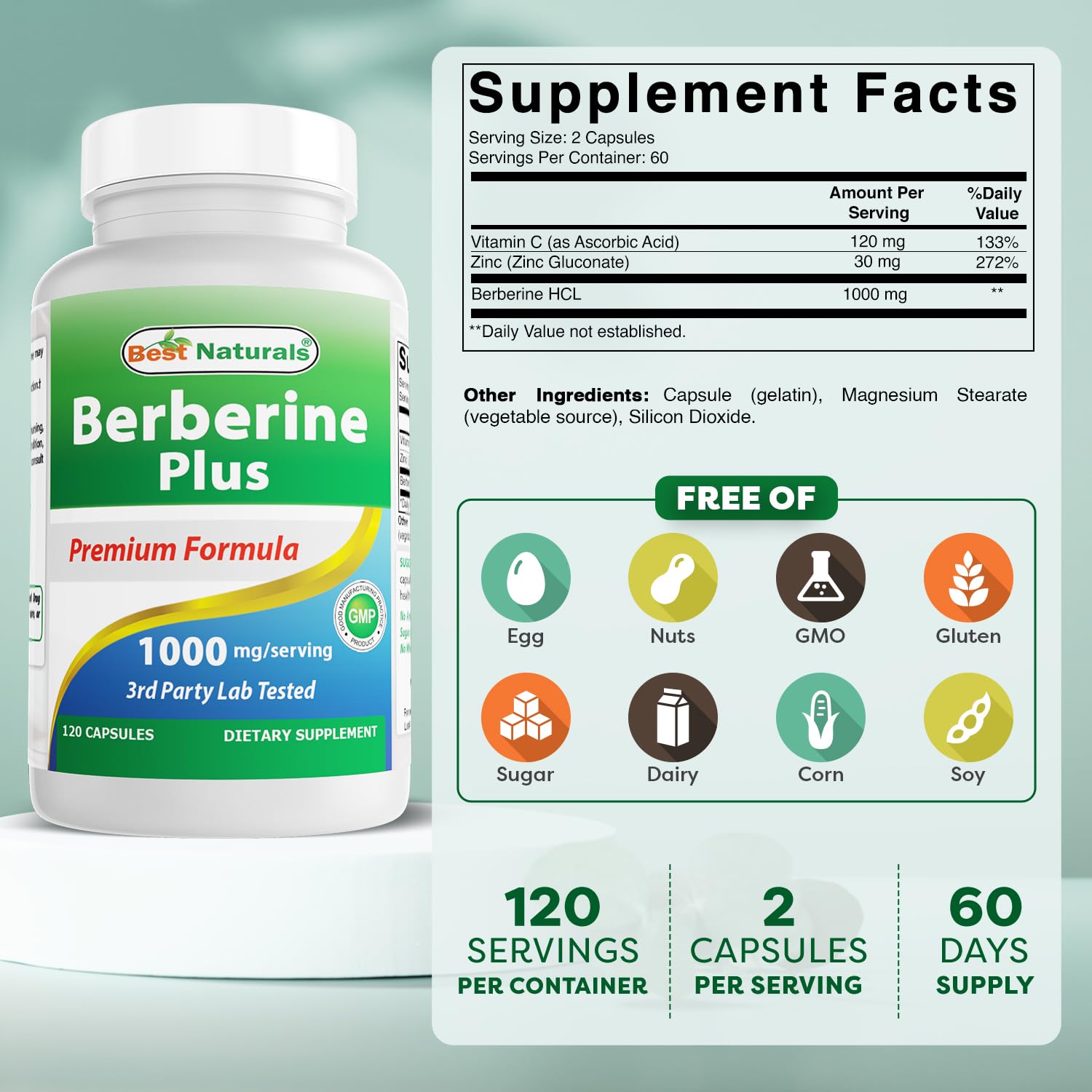 Best Naturals Berberine Plus 1000 mg/Serving 120 Capsules (120 Count (Pack of 2)) - Medaid International