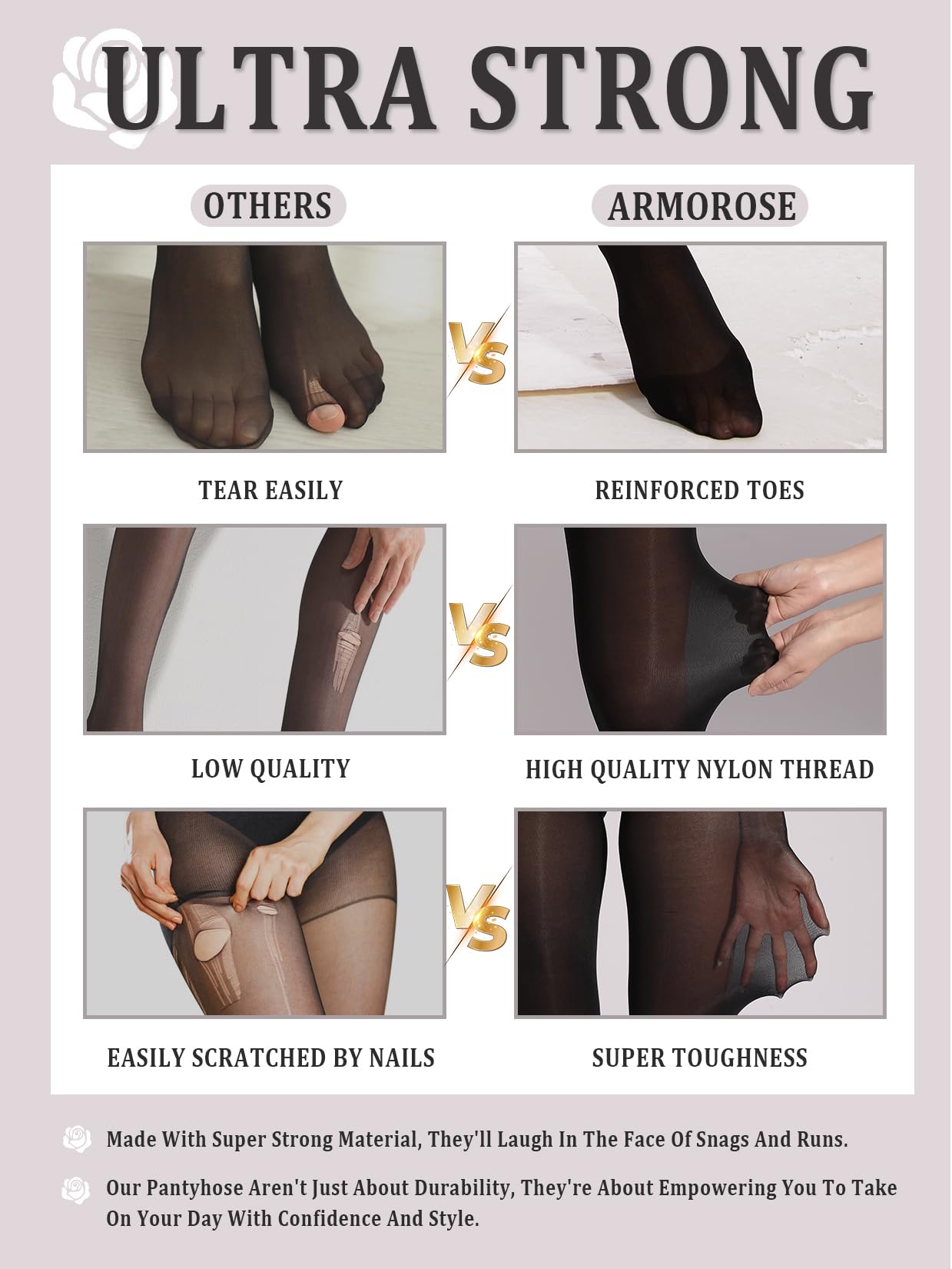 ARMORESE Indestructible Tights for Women, Rip Resistant Pantyhose, 40D Semi Sheer T-Crotch Control Top Stockings - Medaid International