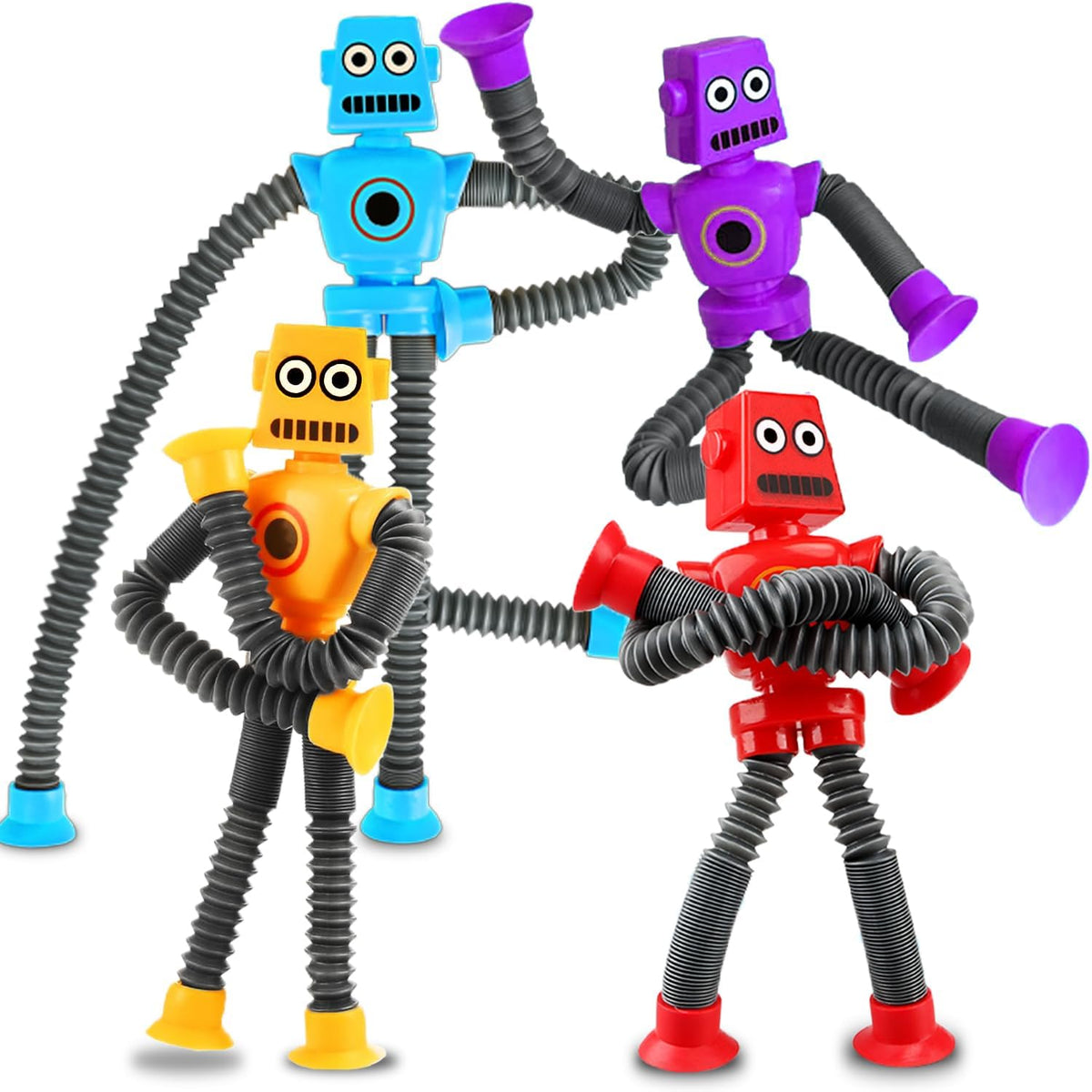 Easter Basket Stuffer Gift Robot Sensory Travel Toys 4Pcs for Toddlers Kid Boy Year Old Ages 3 4 5 6 7 8 9, Airplane Activities Suction Autism Pop Tube Fidget Toys Autistic Stocking Valentine for Kids